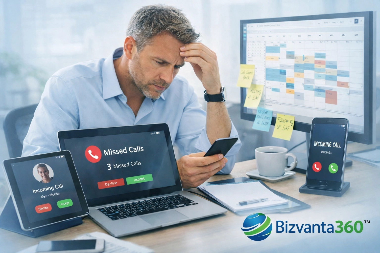 Entrepreneur overwhelmed with missed calls and business tasks on multiple devices