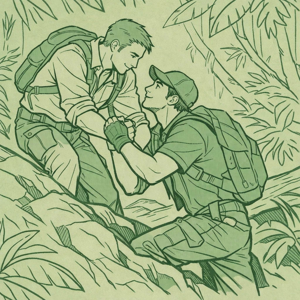 Two men bonding in rainforest survival setting from gay adventure romance story