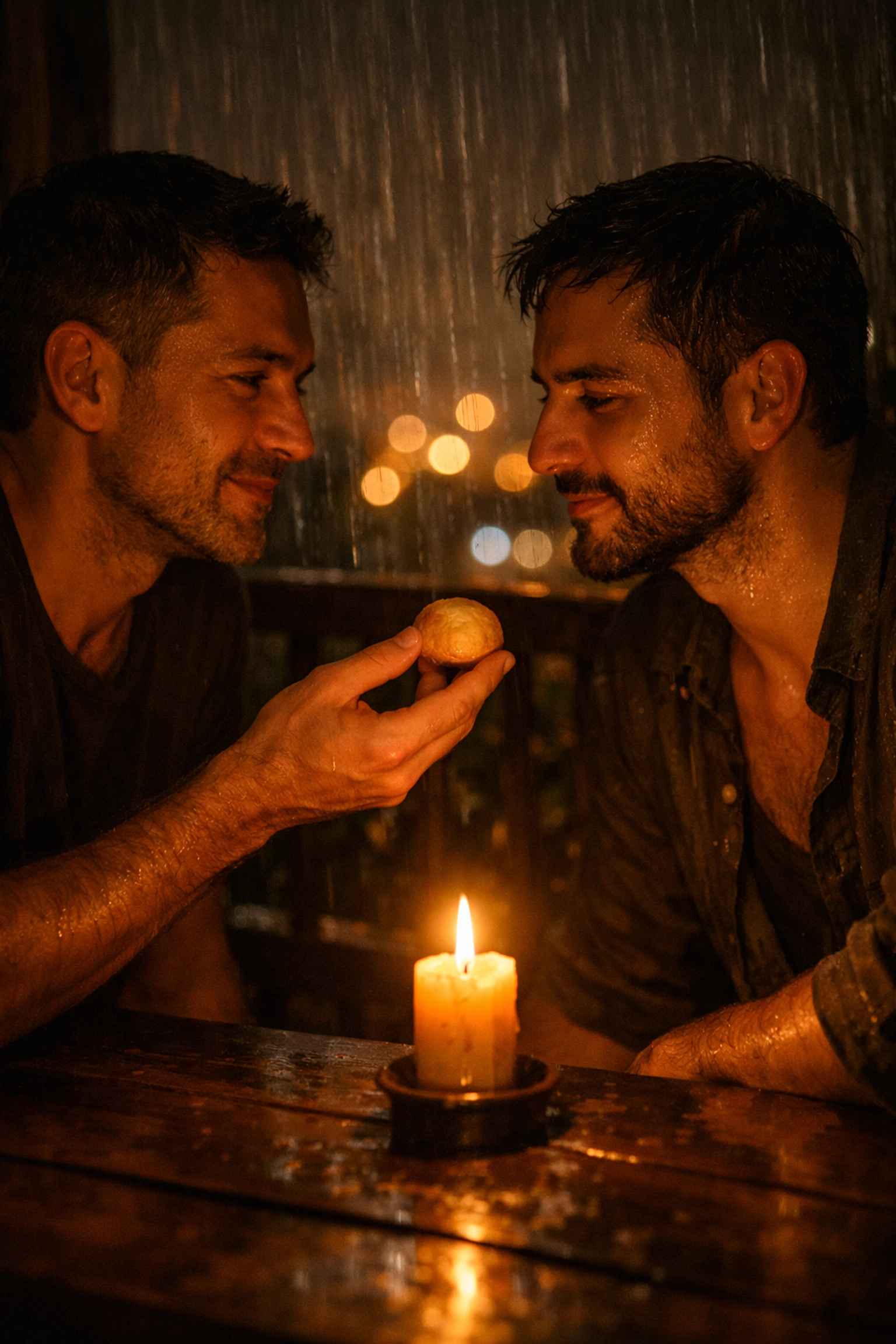 An intimate slow burn MM romance moment between two men sharing snacks in a rainy Brazilian city.
