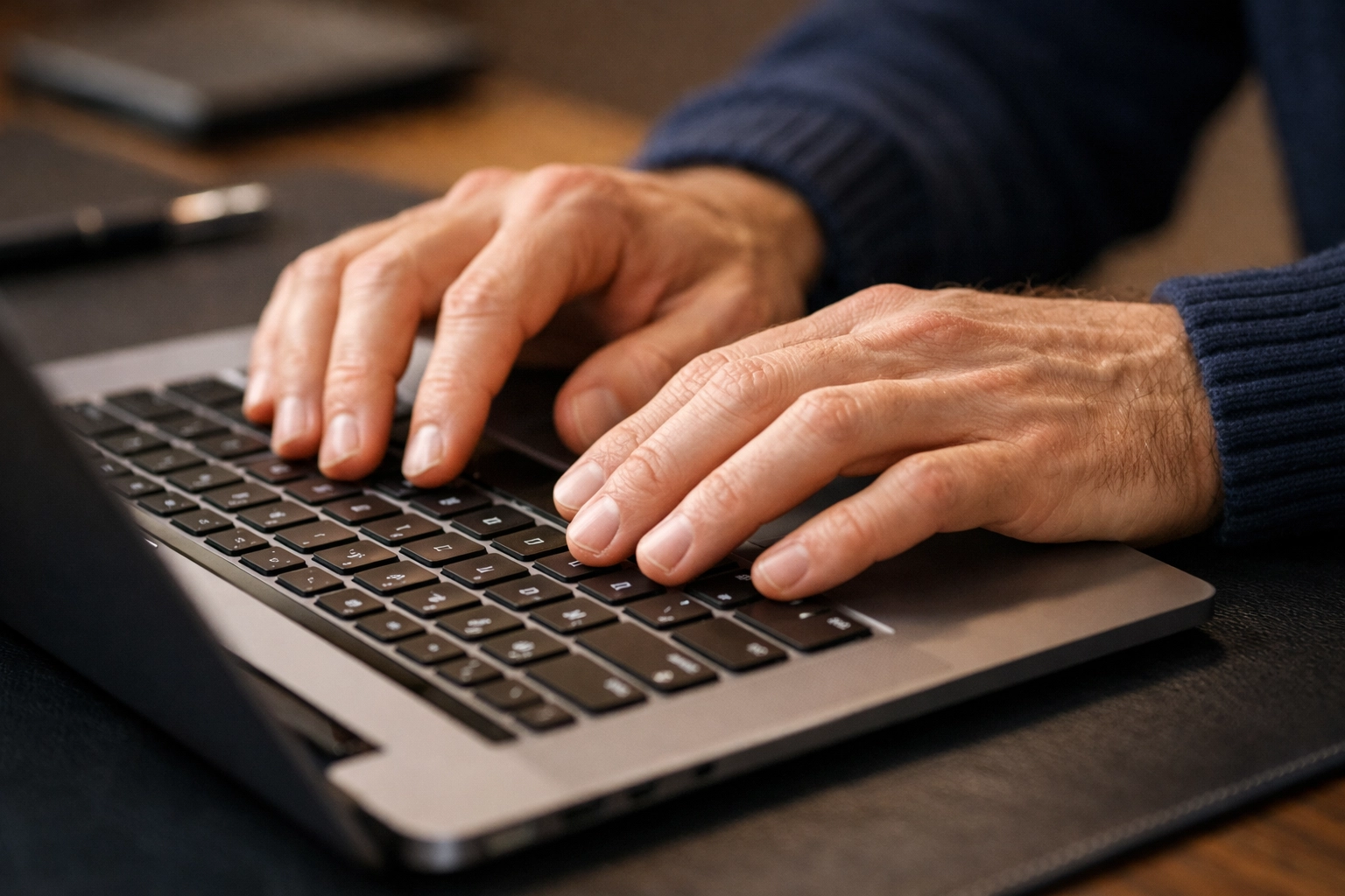 Professional typing on a laptop in a clean workspace to manage technical tasks and business strategy.