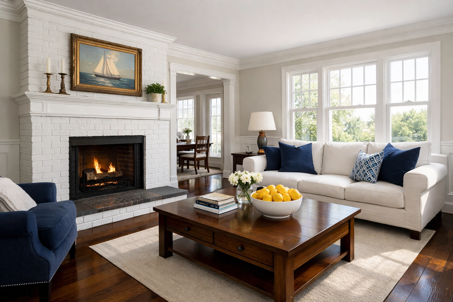 Professionally cleaned living room in Townsend MA showing spotless floors and dust-free surfaces.