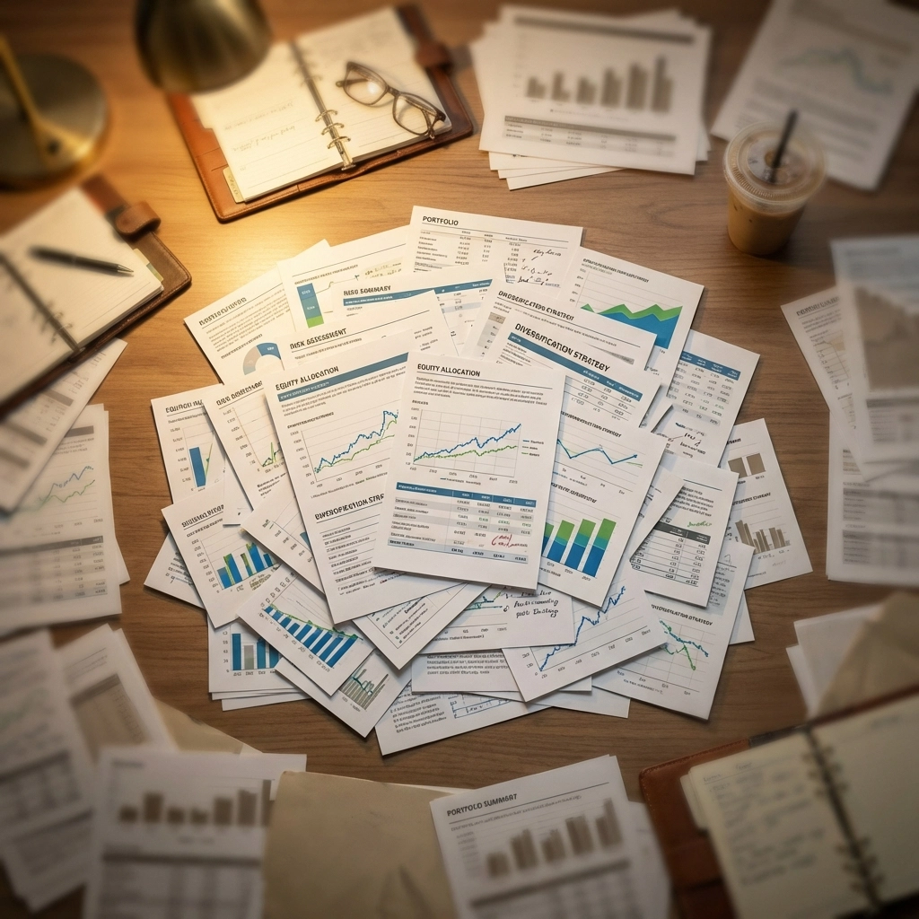Overwhelming desk scene cluttered with investment reports, illustrating the risks of over-diversification in portfolio management.