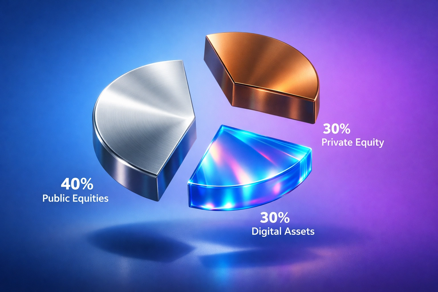 Modern portfolio allocation model showing 40% equities, 30% private equity, 30% digital assets