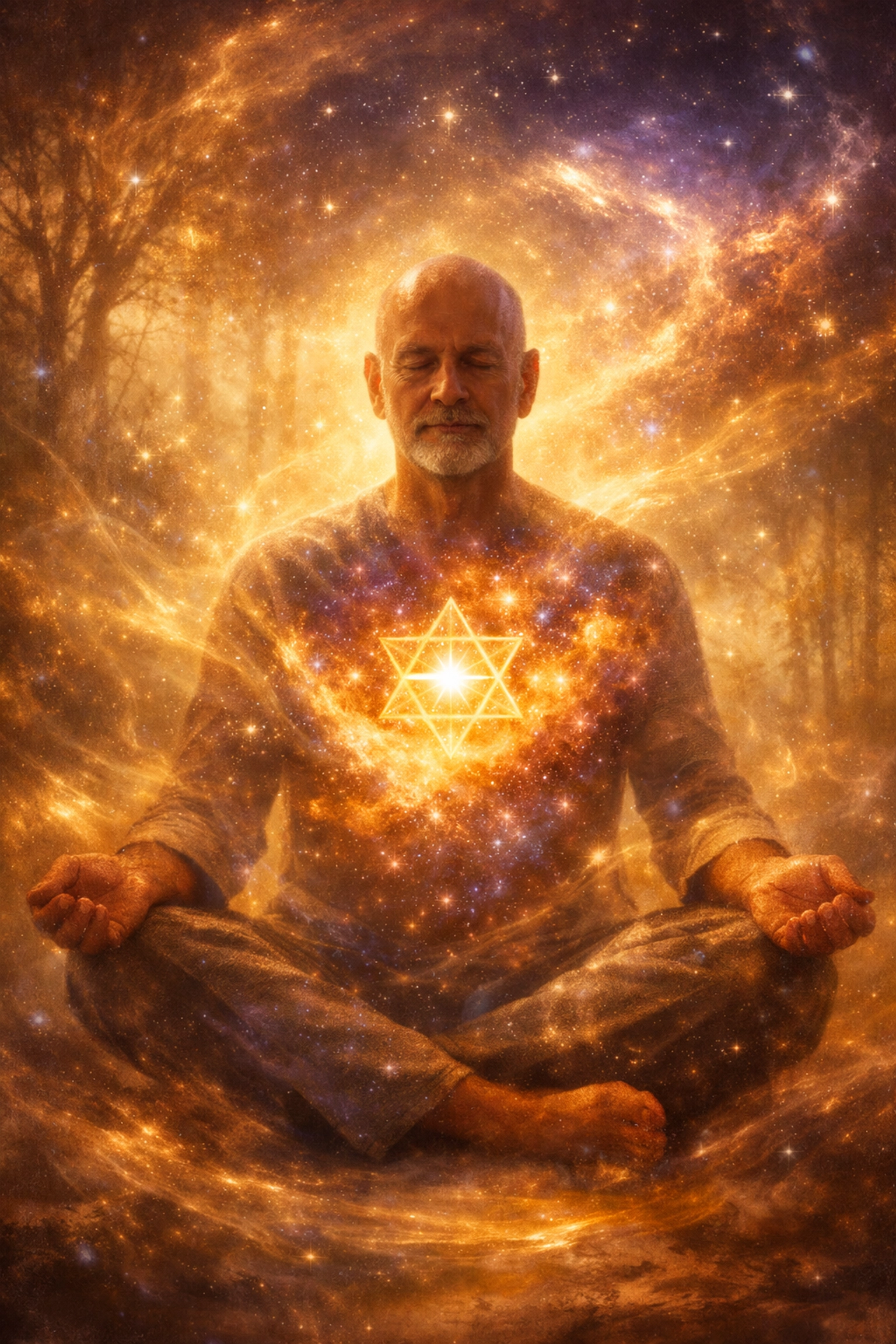 Man meditating with cosmic energy symbolizing spiritual awakening and soul transformation