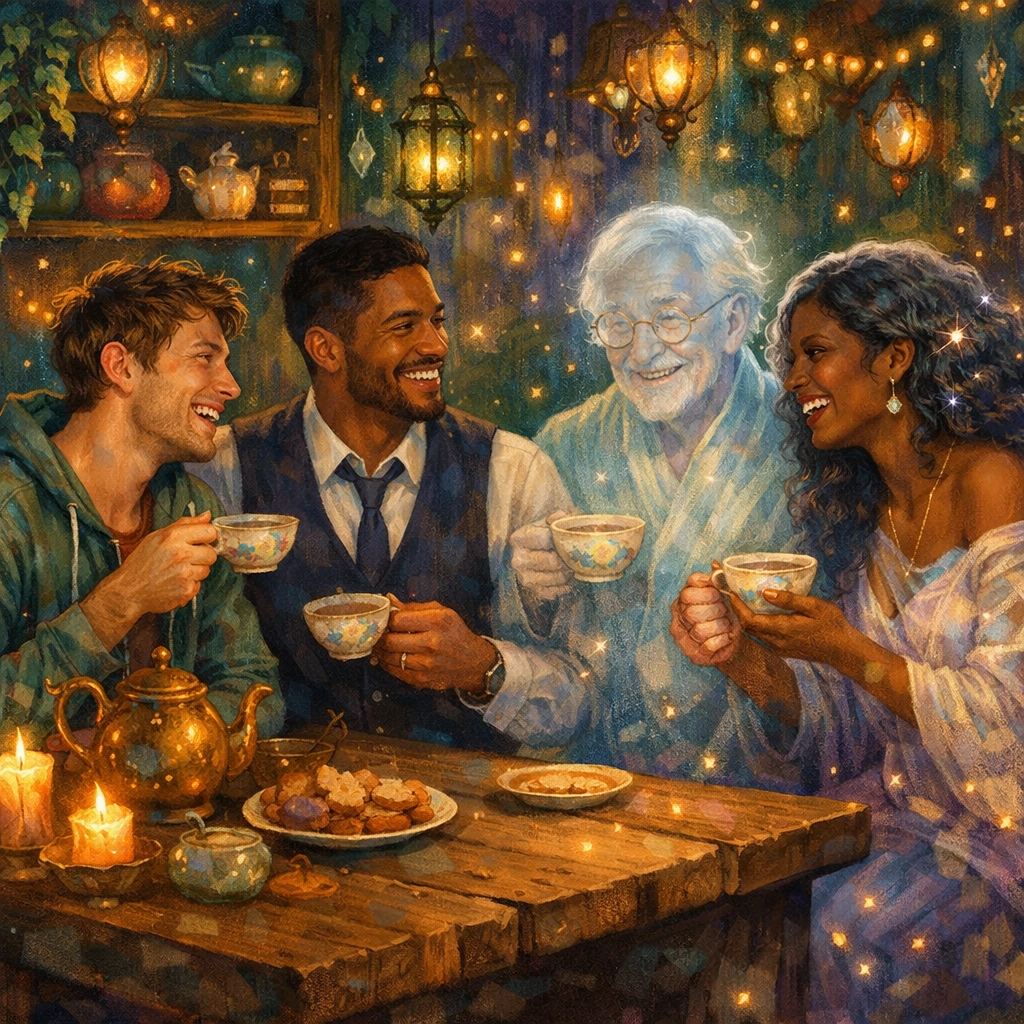 Found family gathering in LGBTQ+ cozy fantasy tea shop from Under the Whispering Door