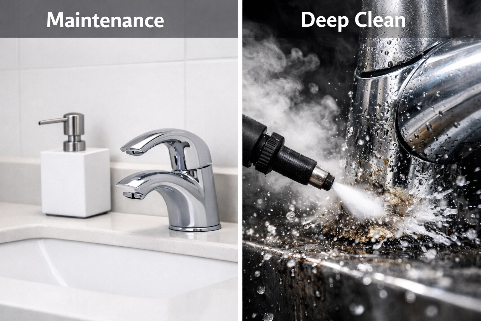 Comparison of standard bathroom maintenance versus deep cleaning with a steam nozzle.