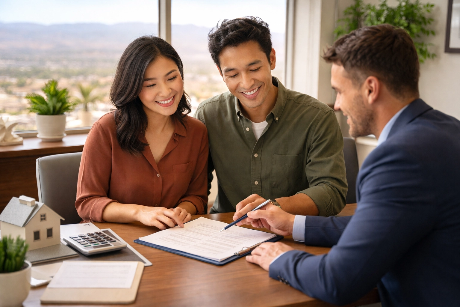 Asian-American couple meeting with a loan officer in Las Vegas, discussing mortgage options for first-time buyers.