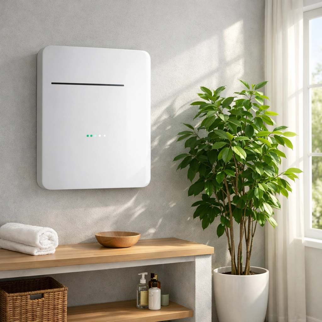 Sleek white solar battery storage unit installed in a modern Poole home utility room for sustainable energy.