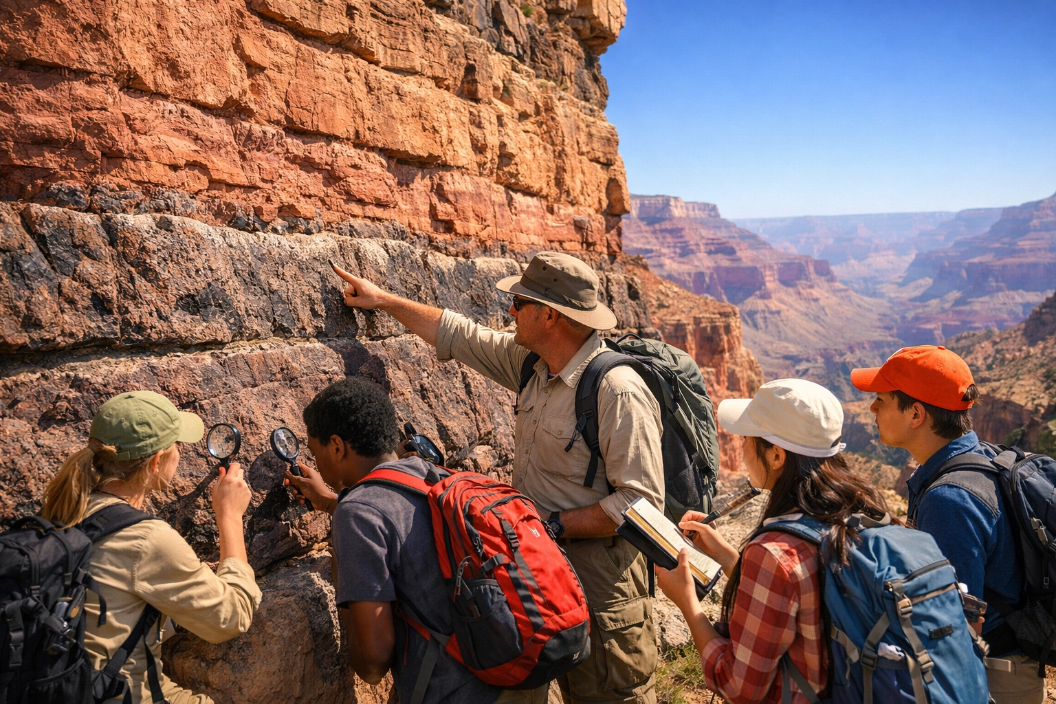 Students analyze rock formations and strata during a Grand Canyon geology student program.