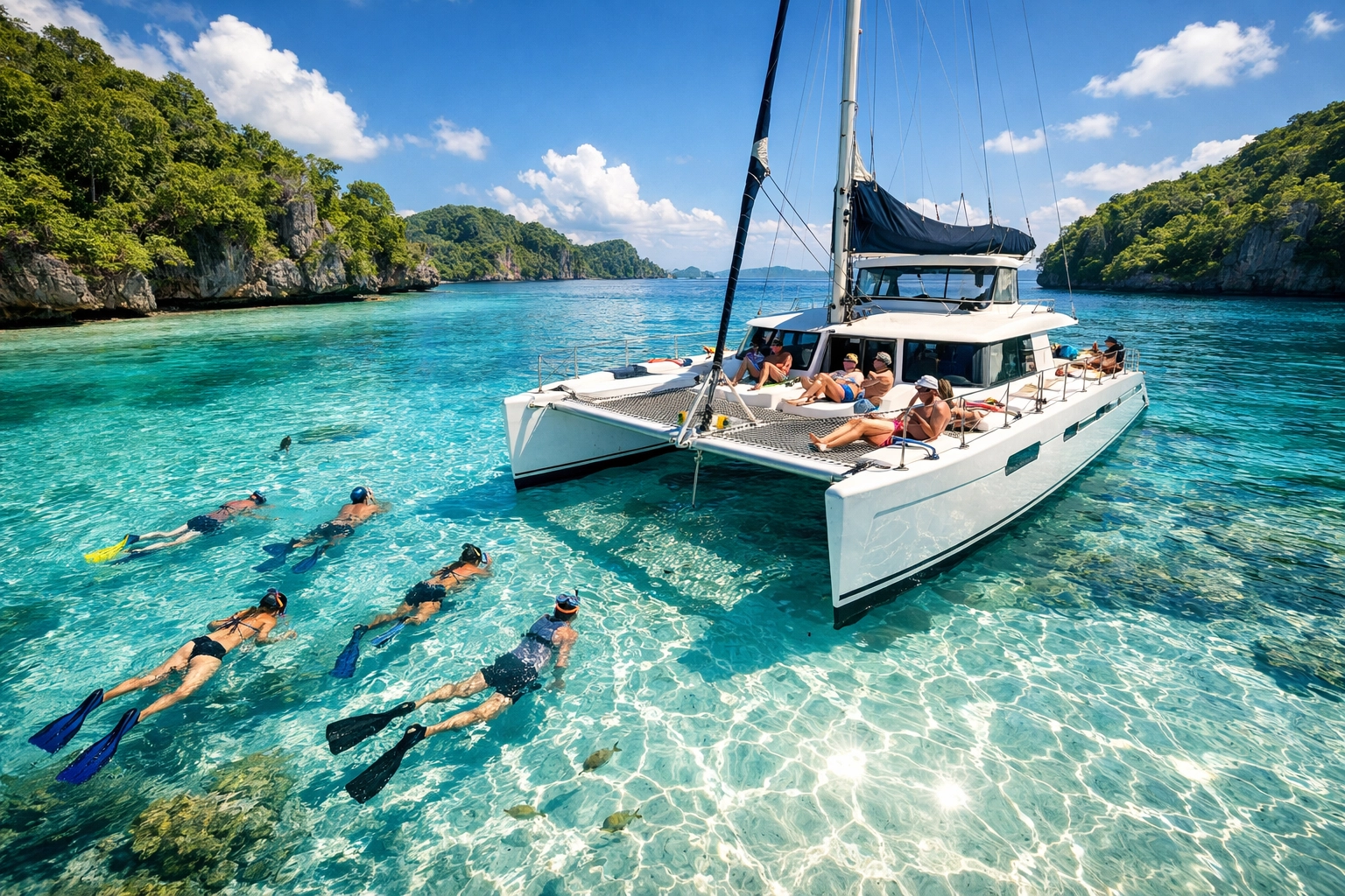 A private catamaran excursion in a tropical paradise, part of a custom group cruise trip.
