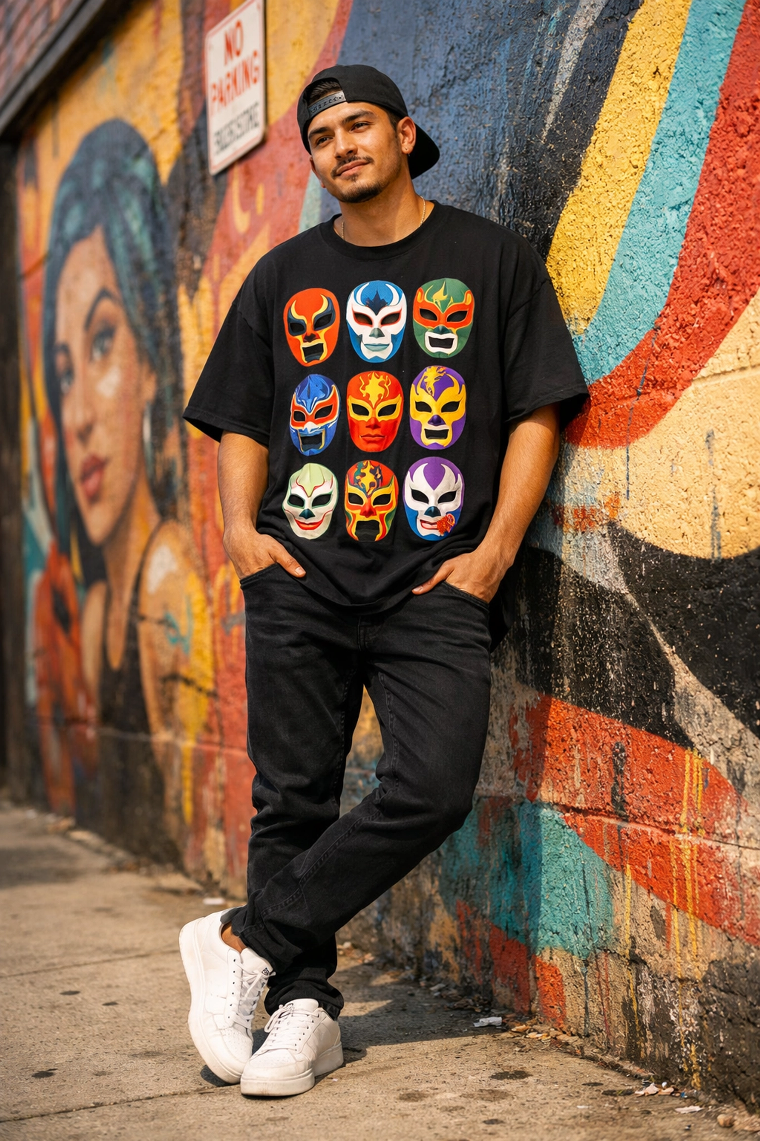 Man wearing oversized luchador t-shirt with slim jeans in streetwear style