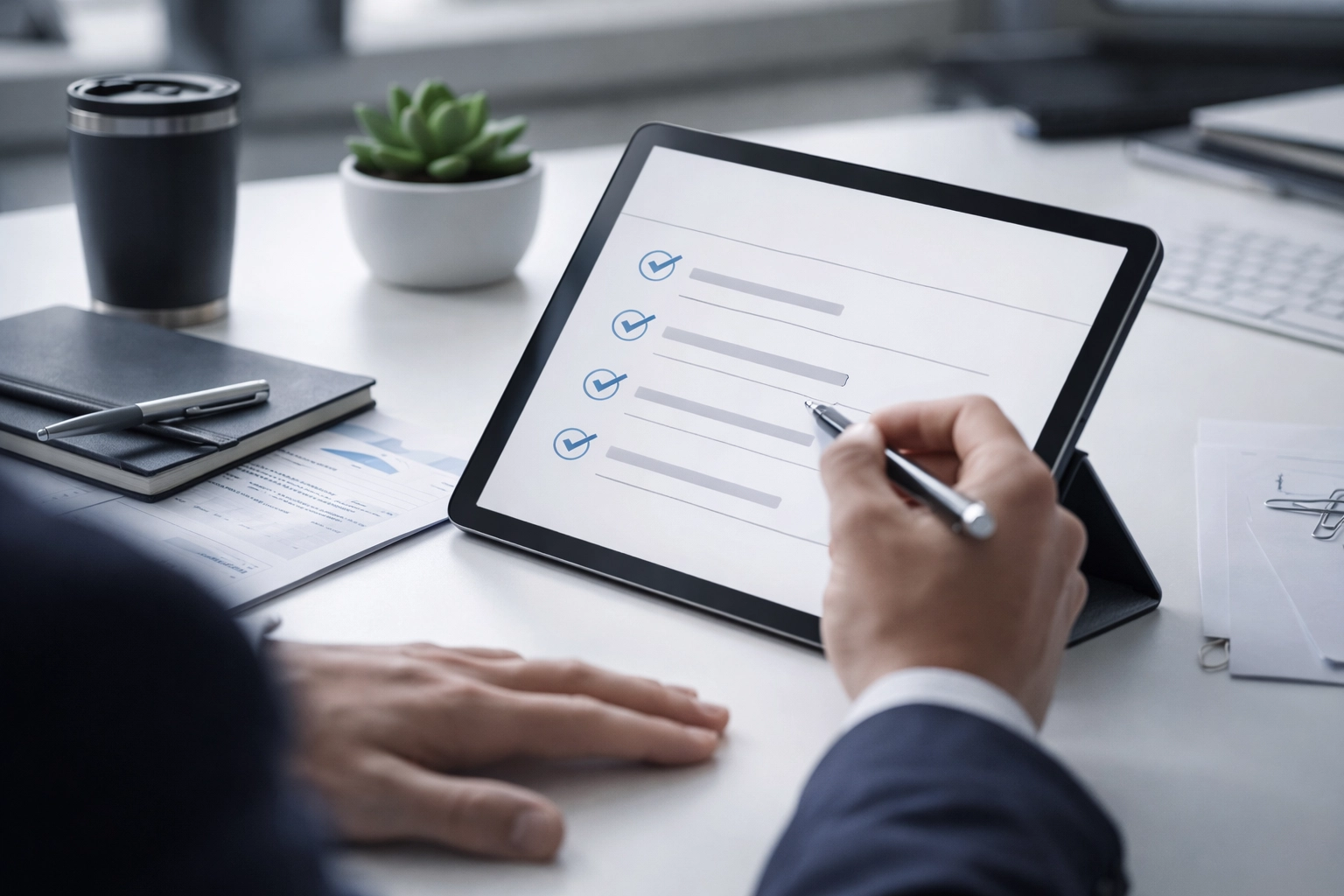 Organized workplace with tablet showing a compliance checklist for 2026 Vietnam labor laws.