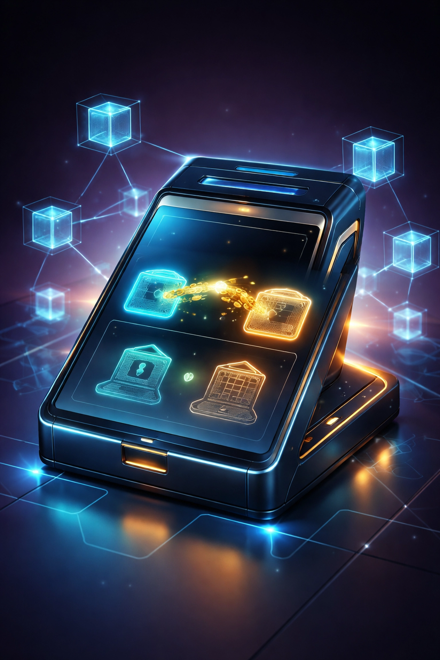 Futuristic digital payment terminal showing blockchain nodes transferring funds directly, representing reduced merchant interchange fees with Larecoin Web3 payments.