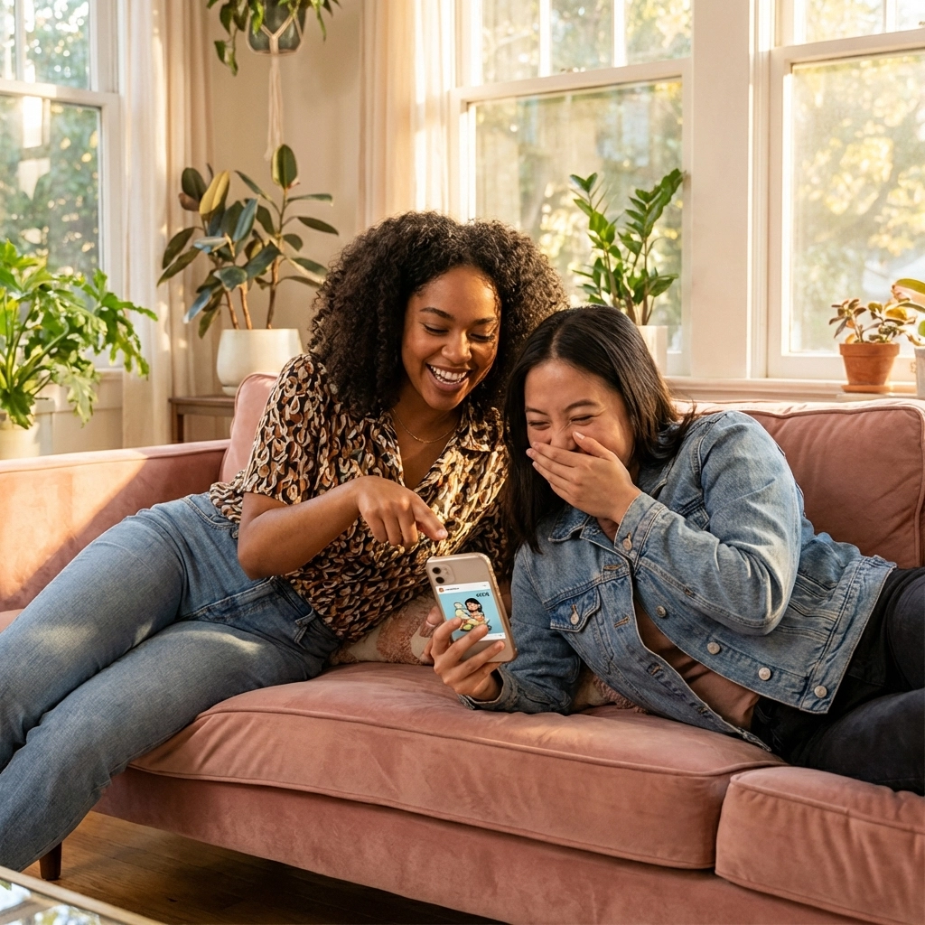 Two women sharing and enjoying content on a phone, illustrating authentic engagement on Instagram and TikTok