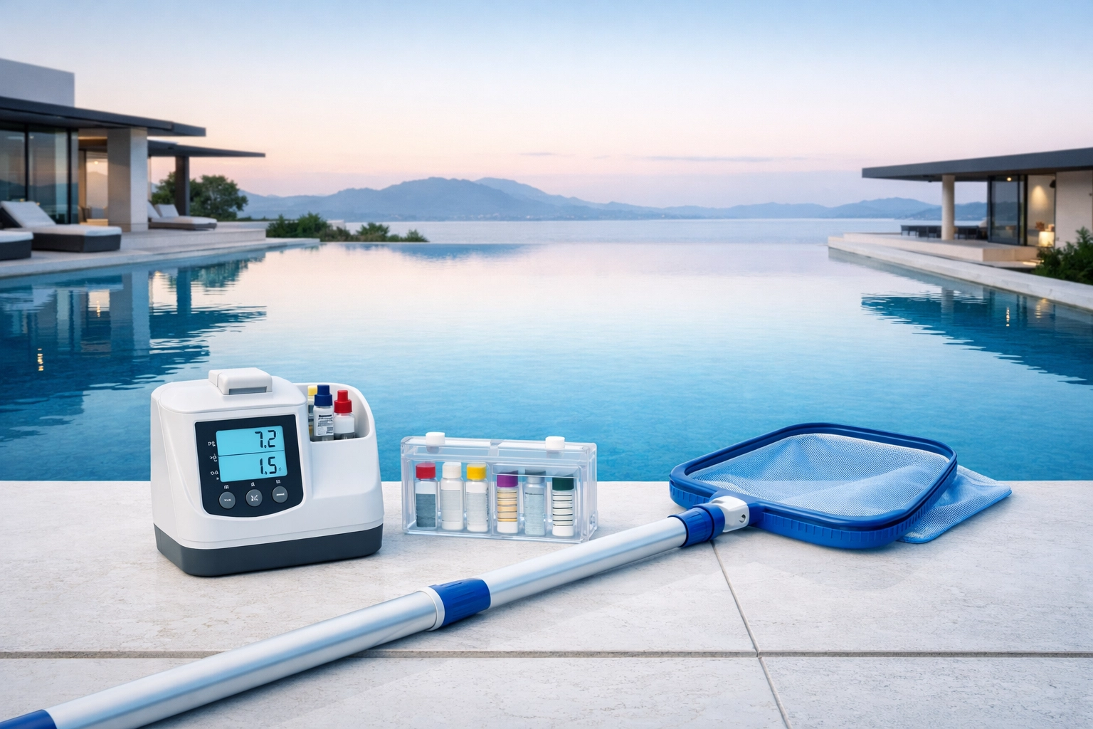 Professional pool service equipment by a luxury pool, ideal for owners looking to sell my pool route in 2026.
