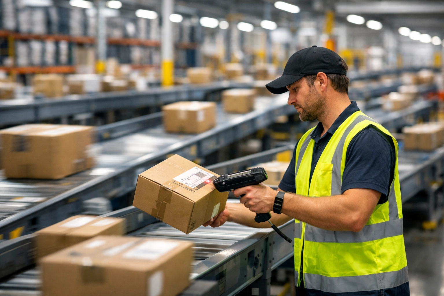 Warehouse worker scanning express parcels for fast UK and international delivery