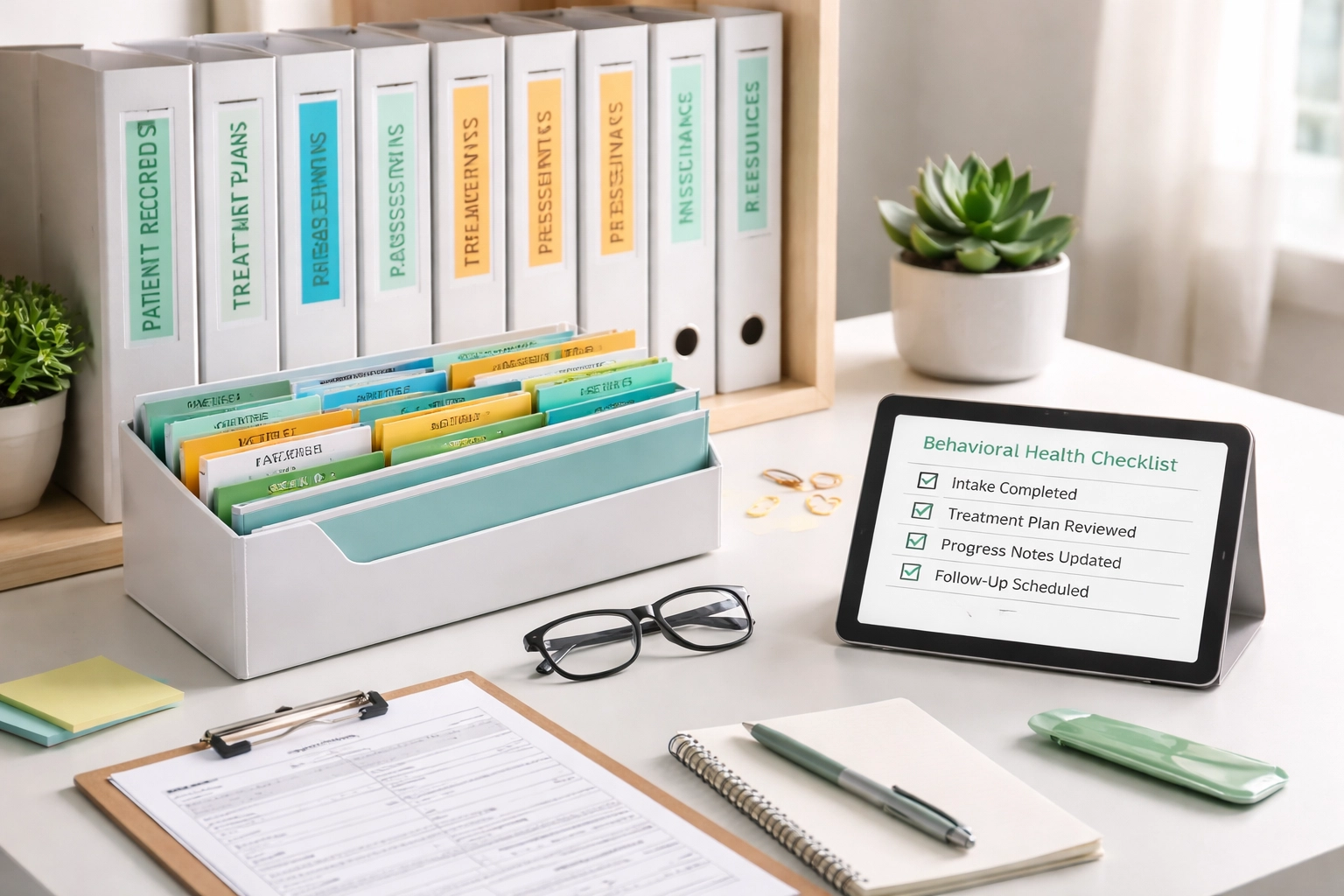 Neatly organized documentation and checklists on a behavioral health clinic desk, showing essential audit readiness strategies.