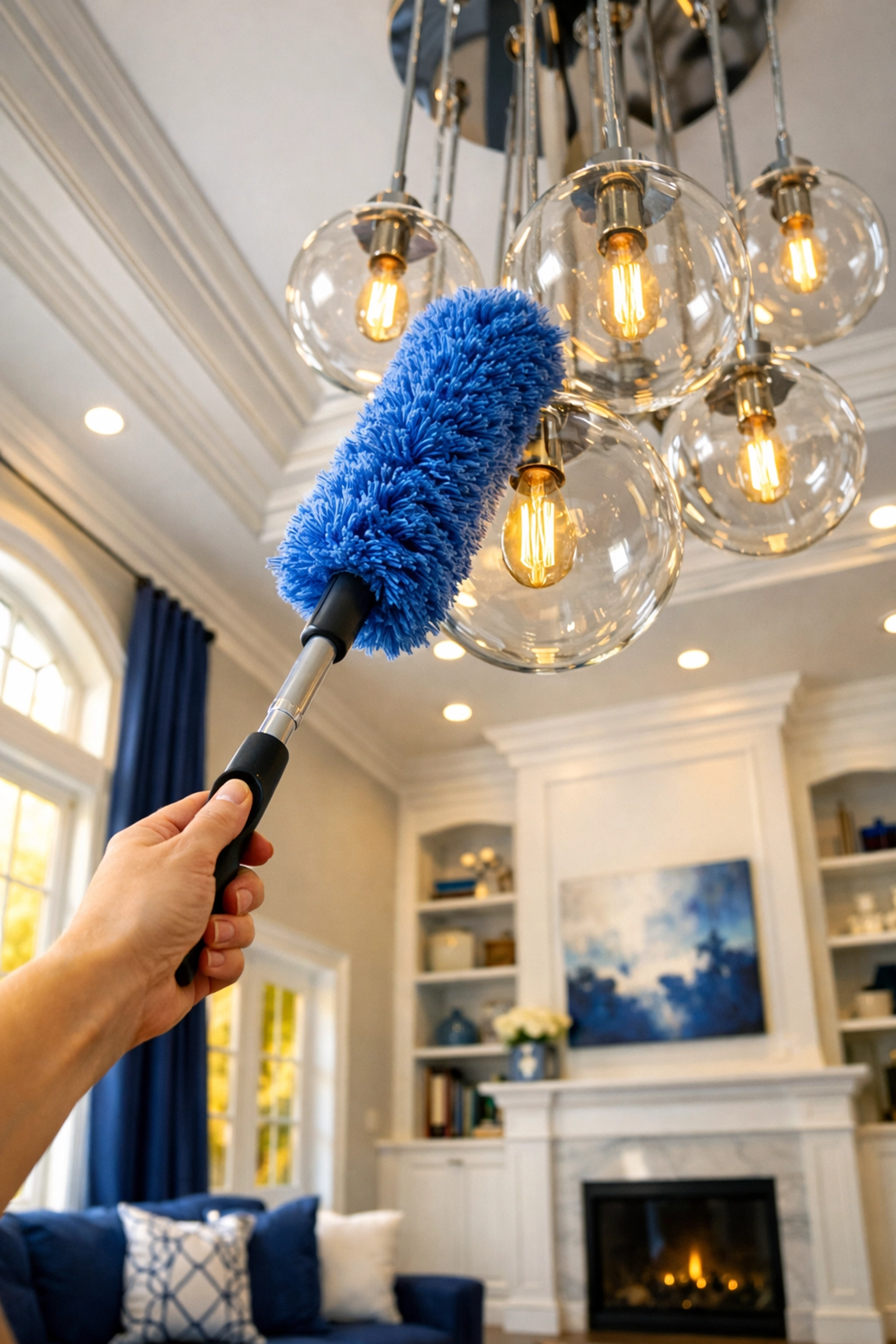 Professional hand dusting a glass light fixture in a modern home during a Deep Cleaning in Shrewsbury.