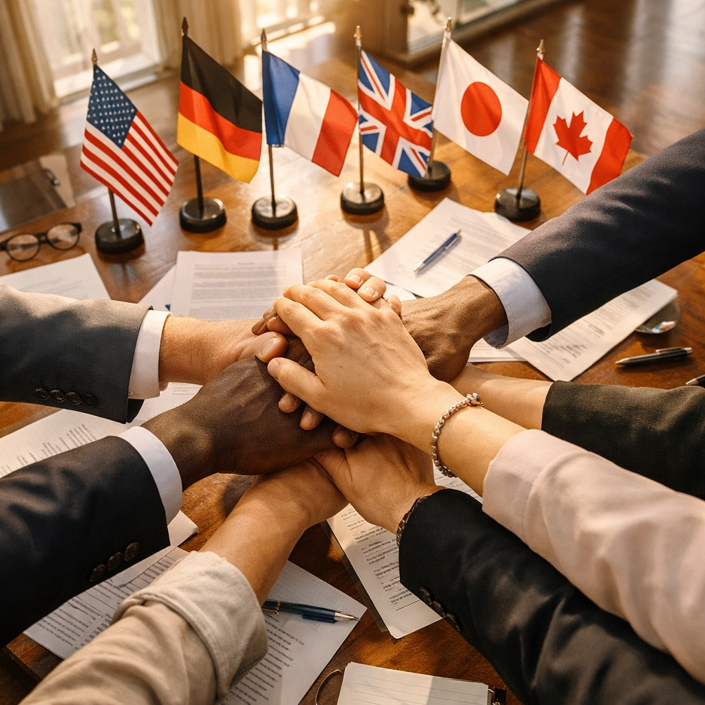 Diverse hands joined at international conference table representing nations cooperating in unity