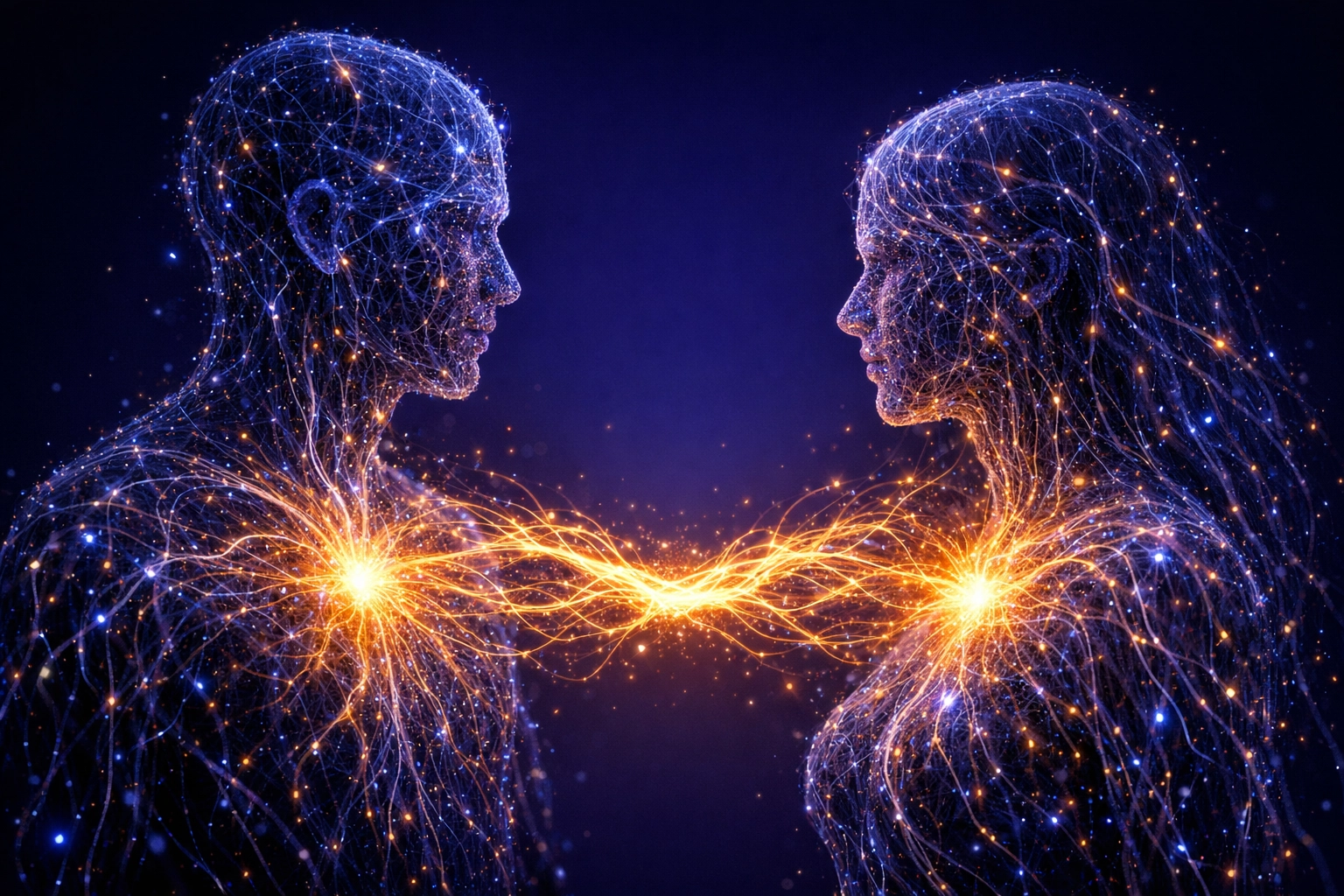 Bioluminescent neural pathways connecting two people to improve relationships through emotional regulation.