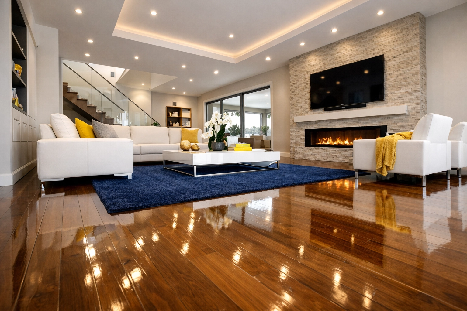 Professional residential cleaning results in a luxury Franklin home with sparkling hardwood floors and modern decor.