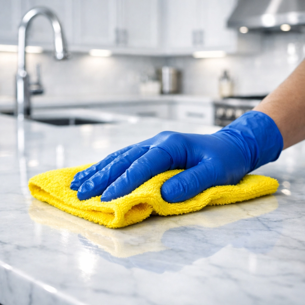 Professional house cleaner polishing a marble kitchen island in a Lunenburg home with a microfiber cloth.