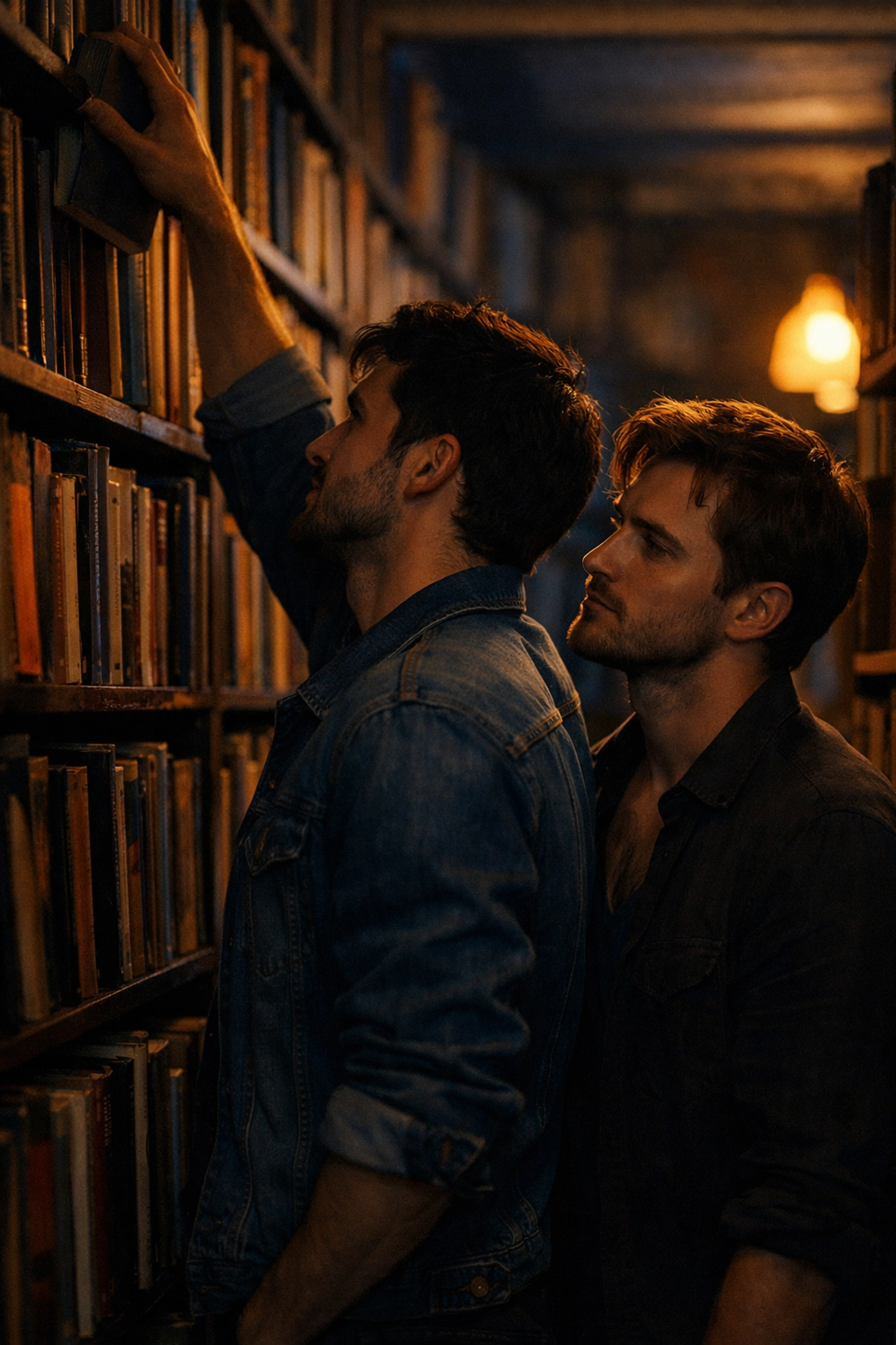 Two men in a library aisle sharing a slow-burn moment, illustrating popular MM romance tropes.