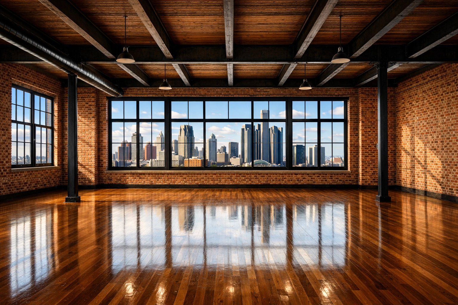 A spotless industrial loft in Detroit with clean brick walls and polished floors, ready for a new tenant.