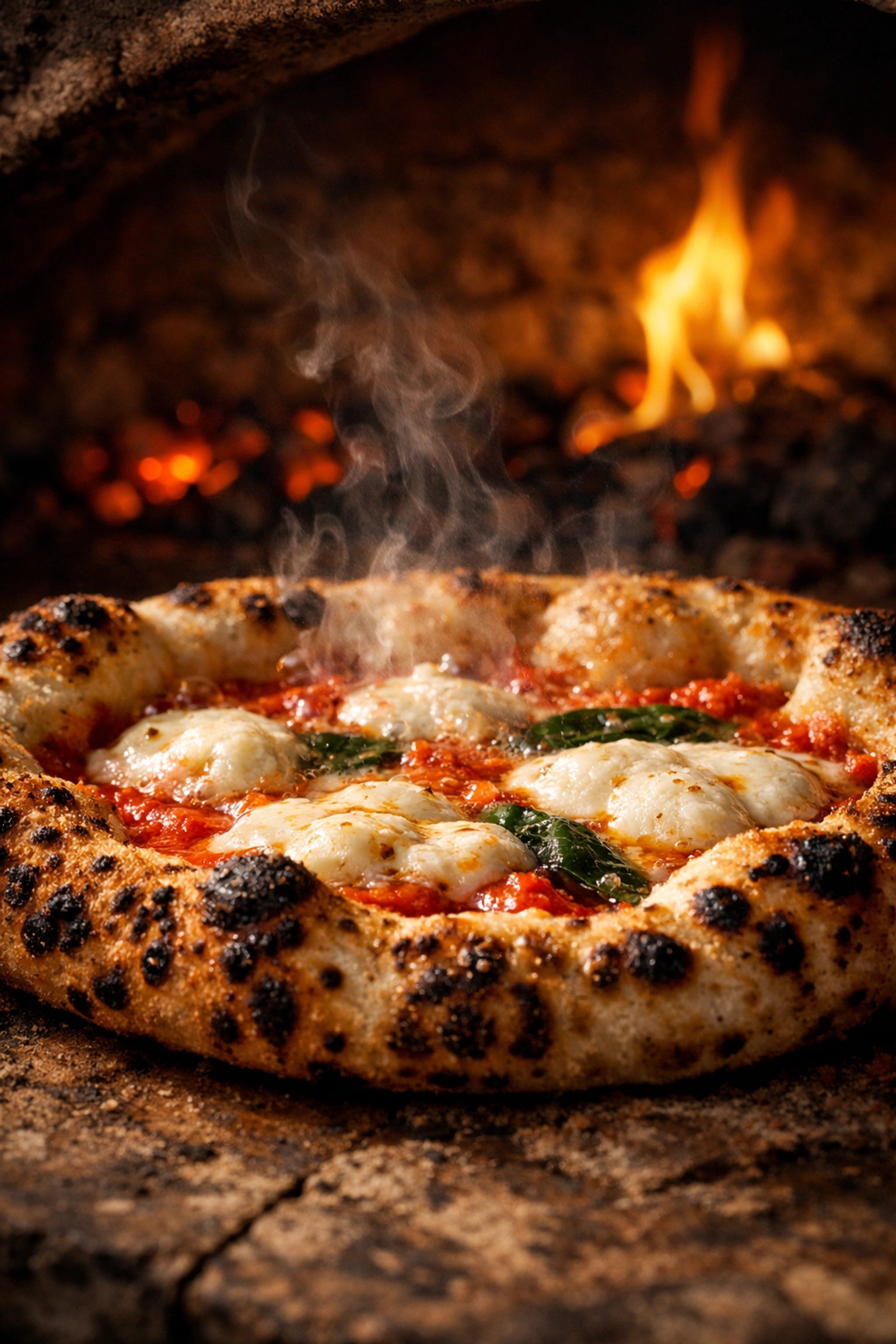 Authentic Neapolitan pizza cooking in a stone wood-fired oven with charred crust and bubbling cheese.