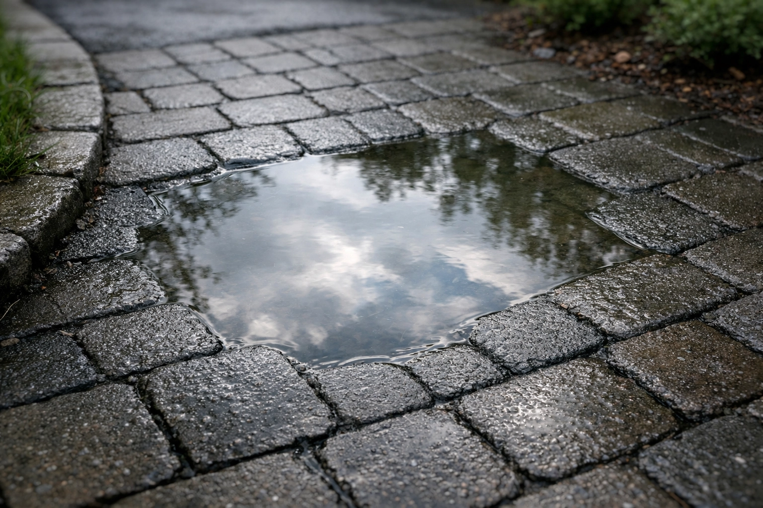 Water pooling on paving stone driveway indicating drainage problems