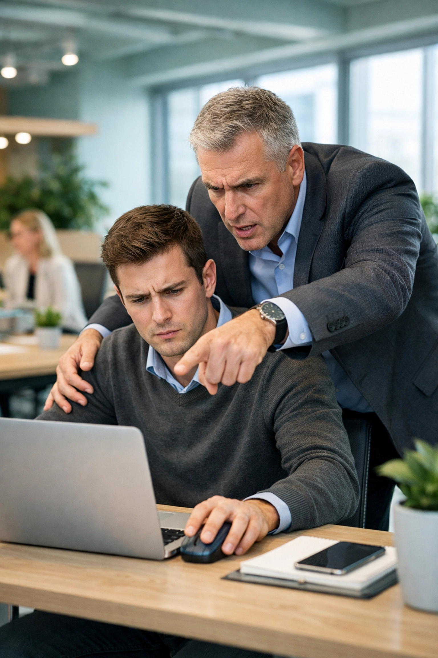 Manager micro-managing an employee, demonstrating poor delegation skills and the leadership time trap.