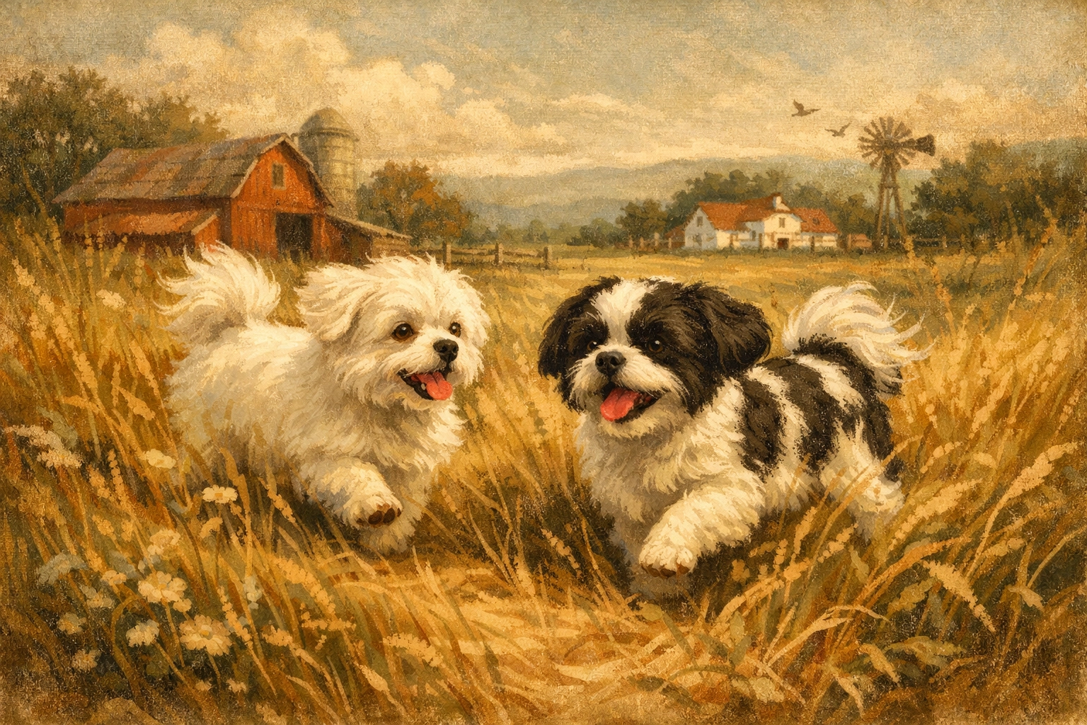 Milo the Maltese and Panda Bear the Shih Tzu running through the fields at Faithful Flock Farm.