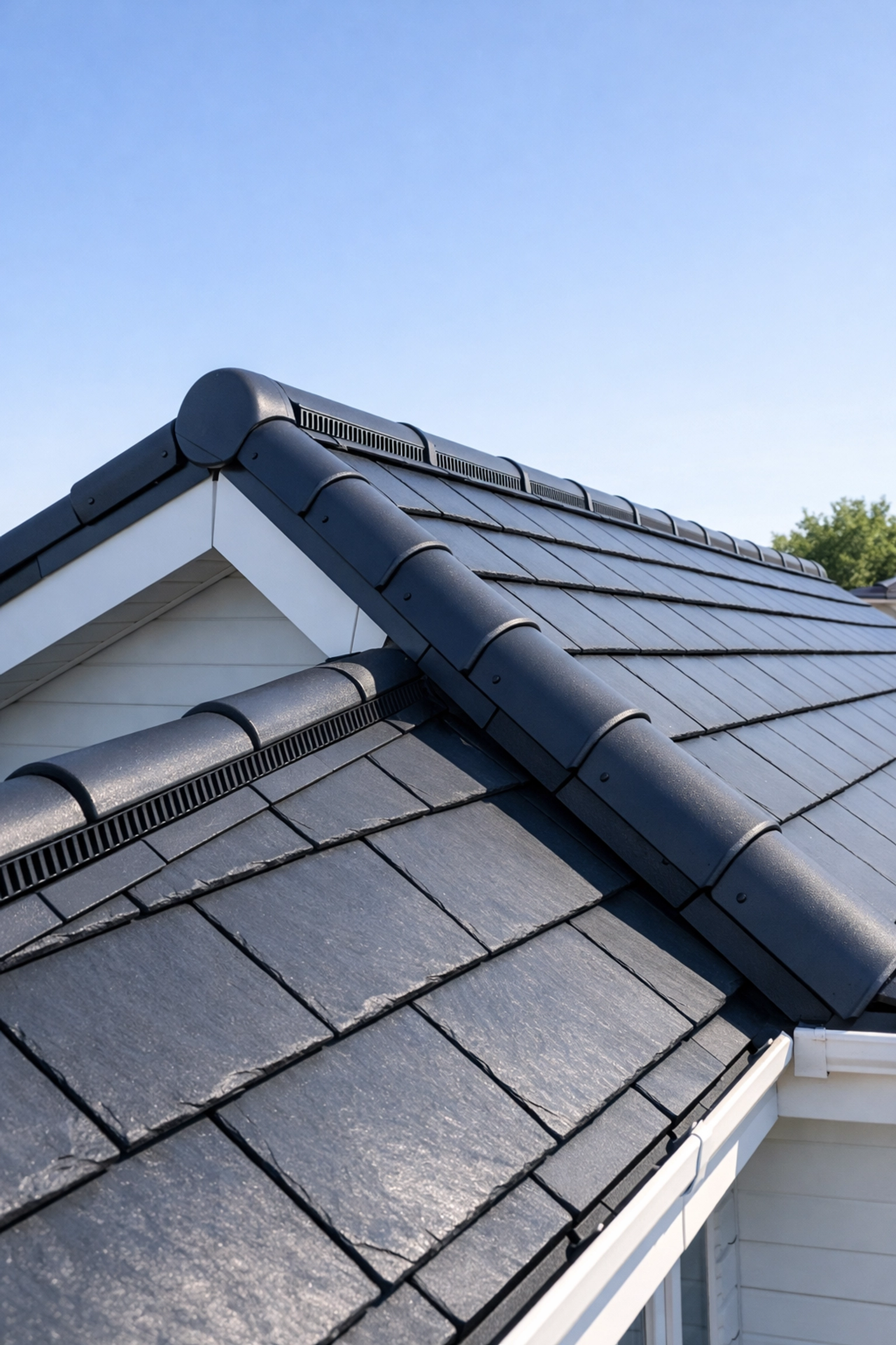 Modern slate roof with a dry ridge ventilation system installed to improve air circulation and energy efficiency.