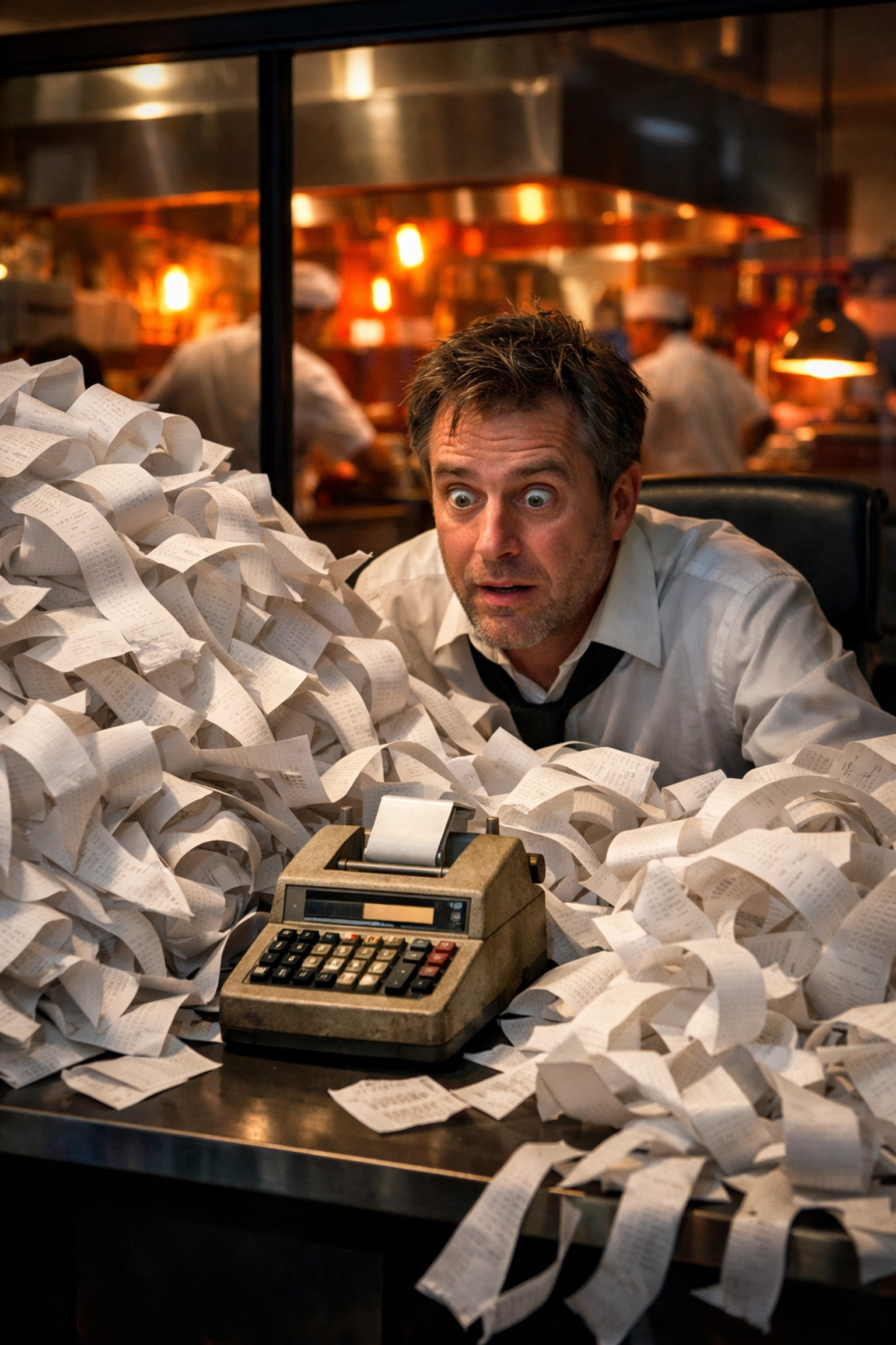 Stressed restaurant manager buried in receipts showing the chaos of manual tip management.