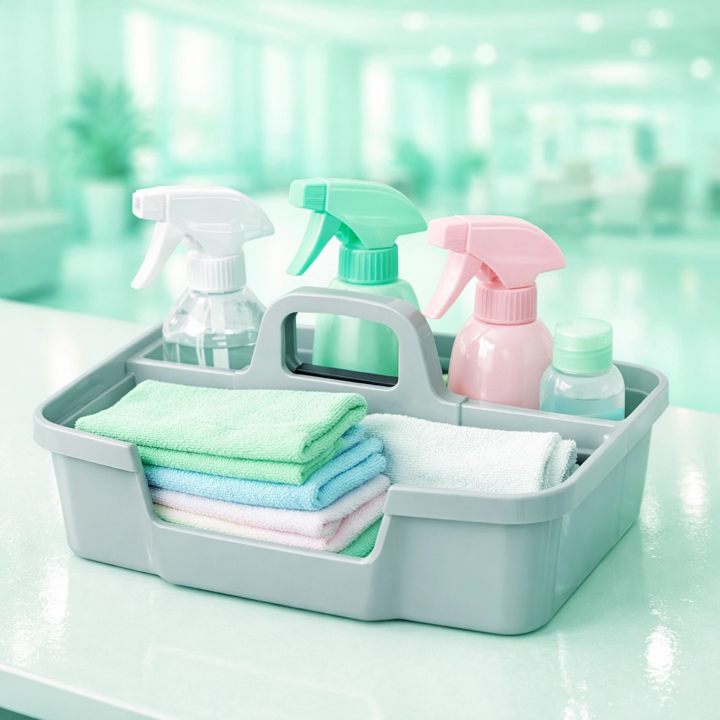 Professional cleaning tools used by a local women-owned team for office disinfection and care.