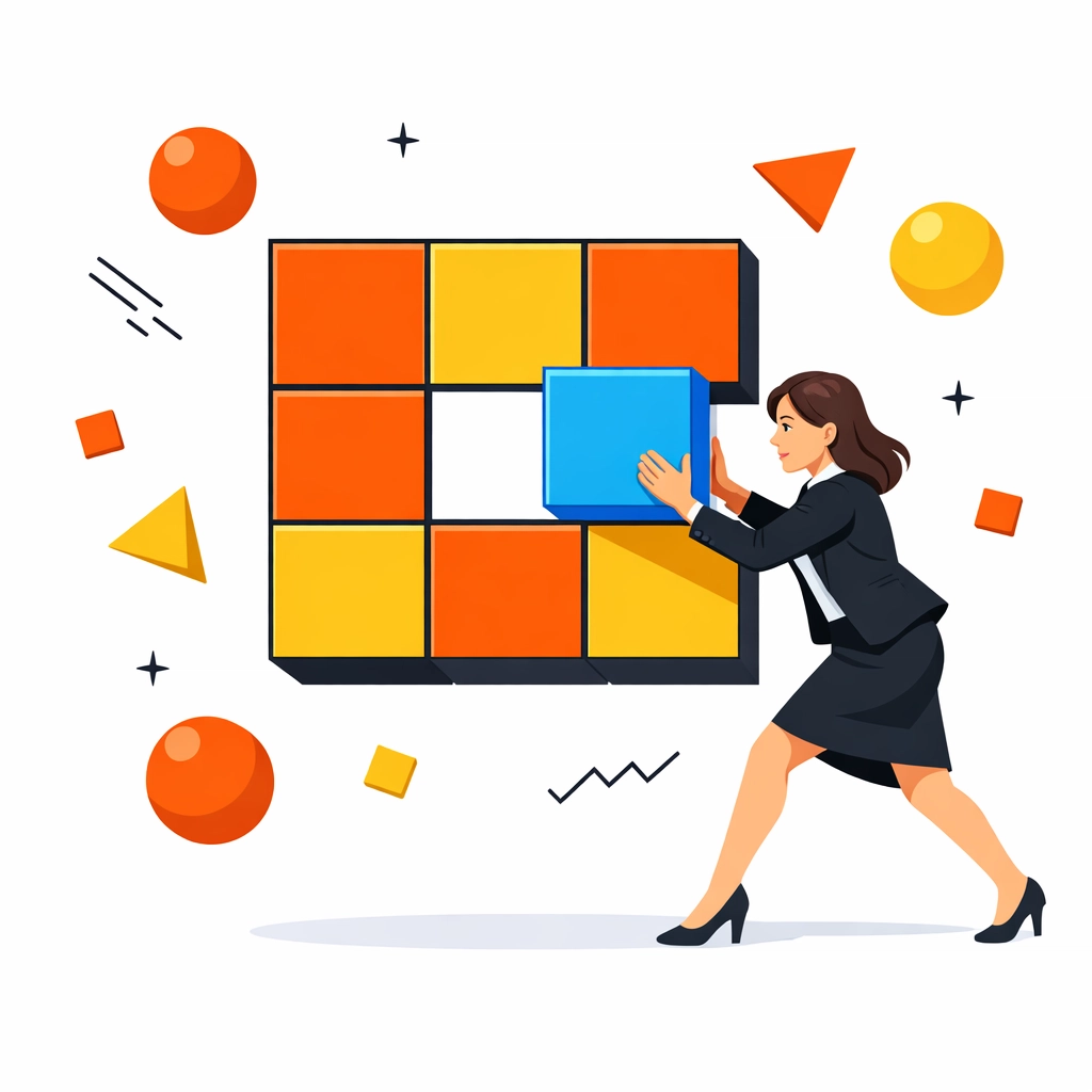 A woman engaged in an interactive training exercise solving a puzzle through hands-on learning.