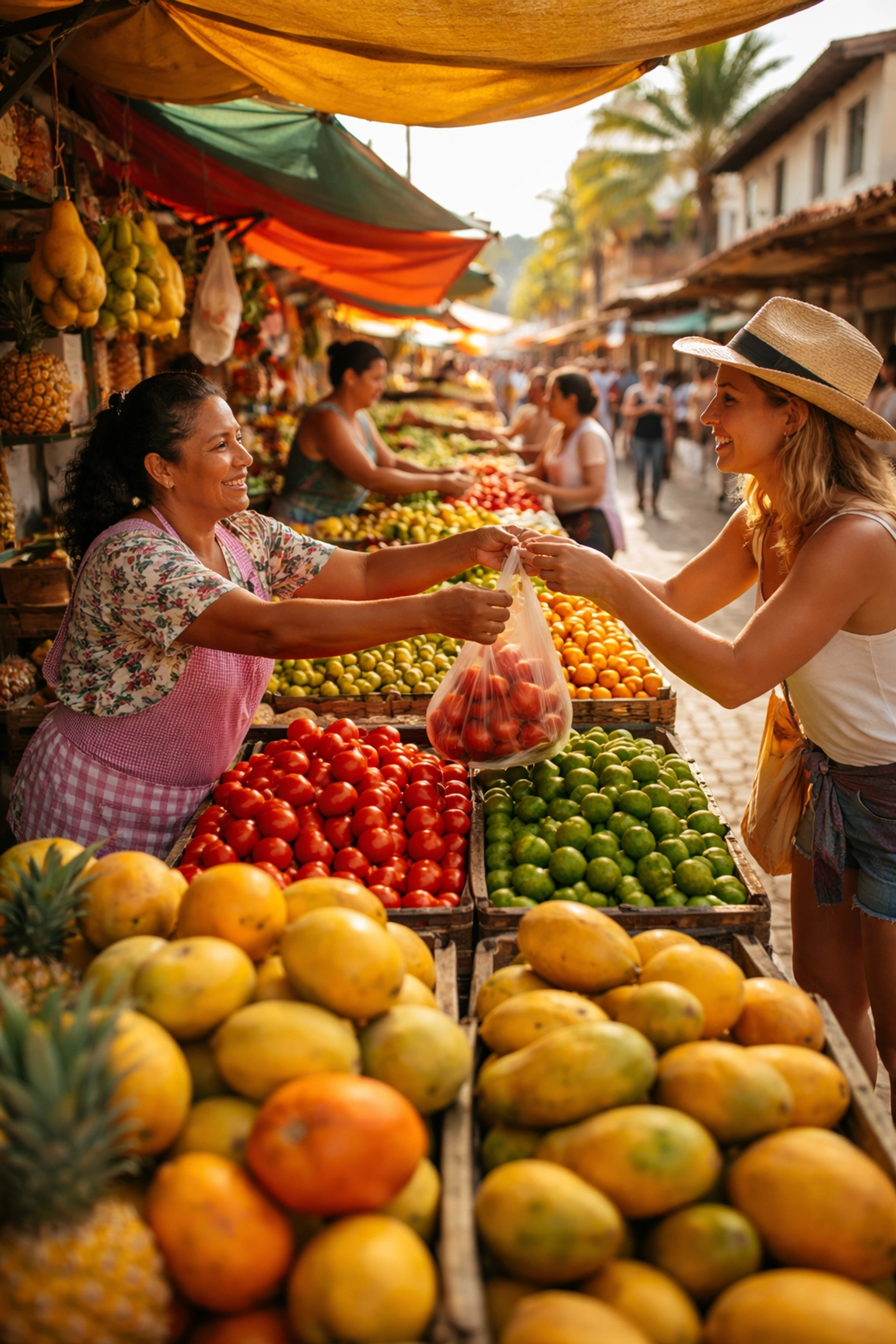 Puerto Vallarta market vendors selling fresh produce in Old Town, perfect for local living and monthly condo renters