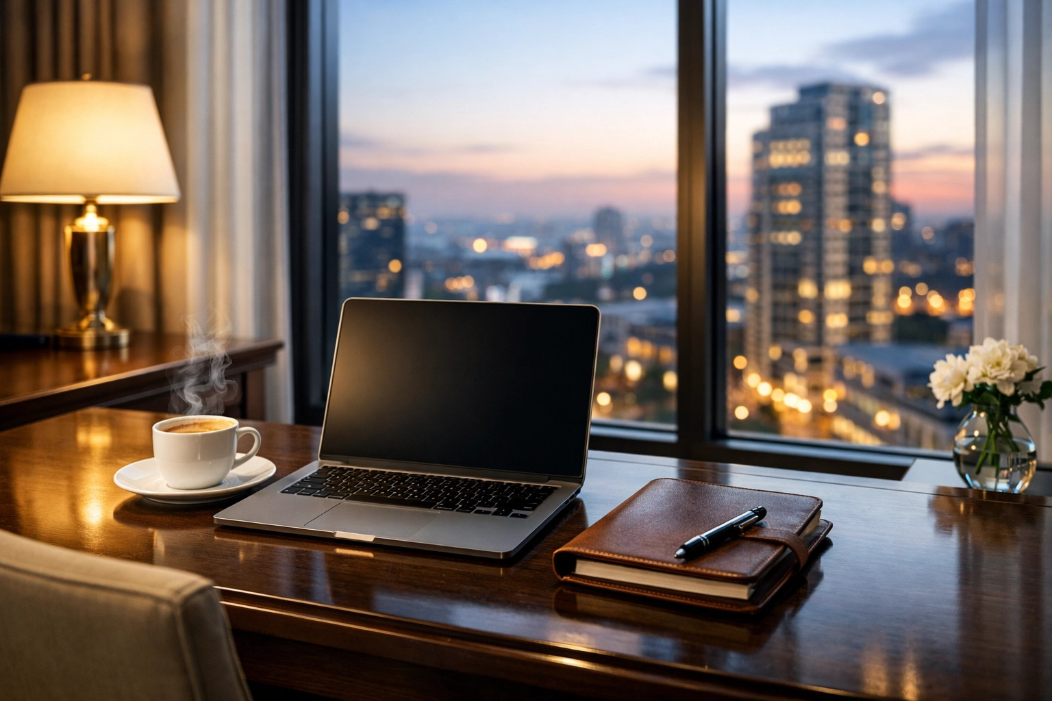 High-end luxury hotel suite workspace designed for executive focus during Super Bowl travel.