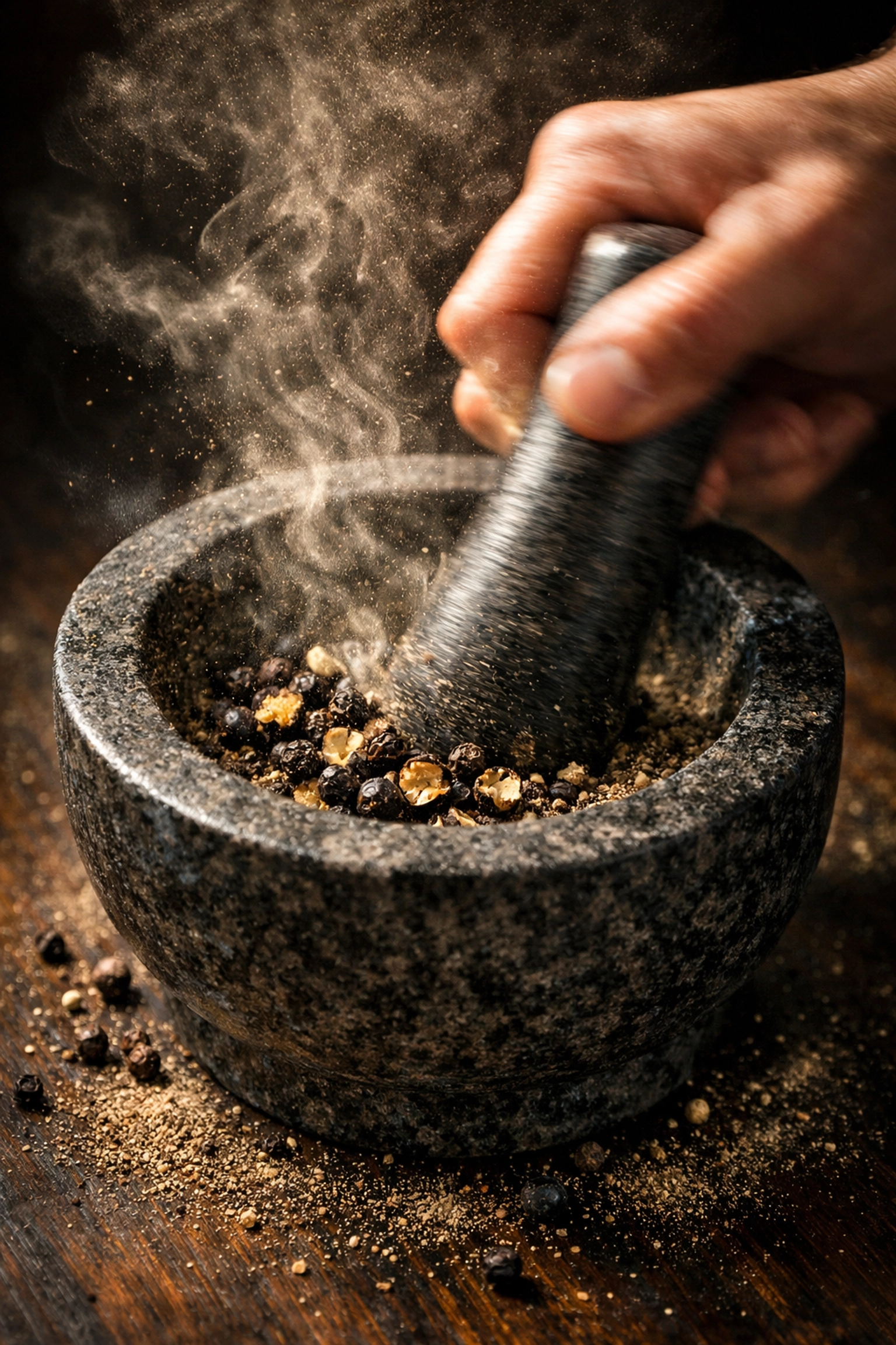 Freshly grinding Tellicherry black pepper in a mortar to release aromatic essential oils.