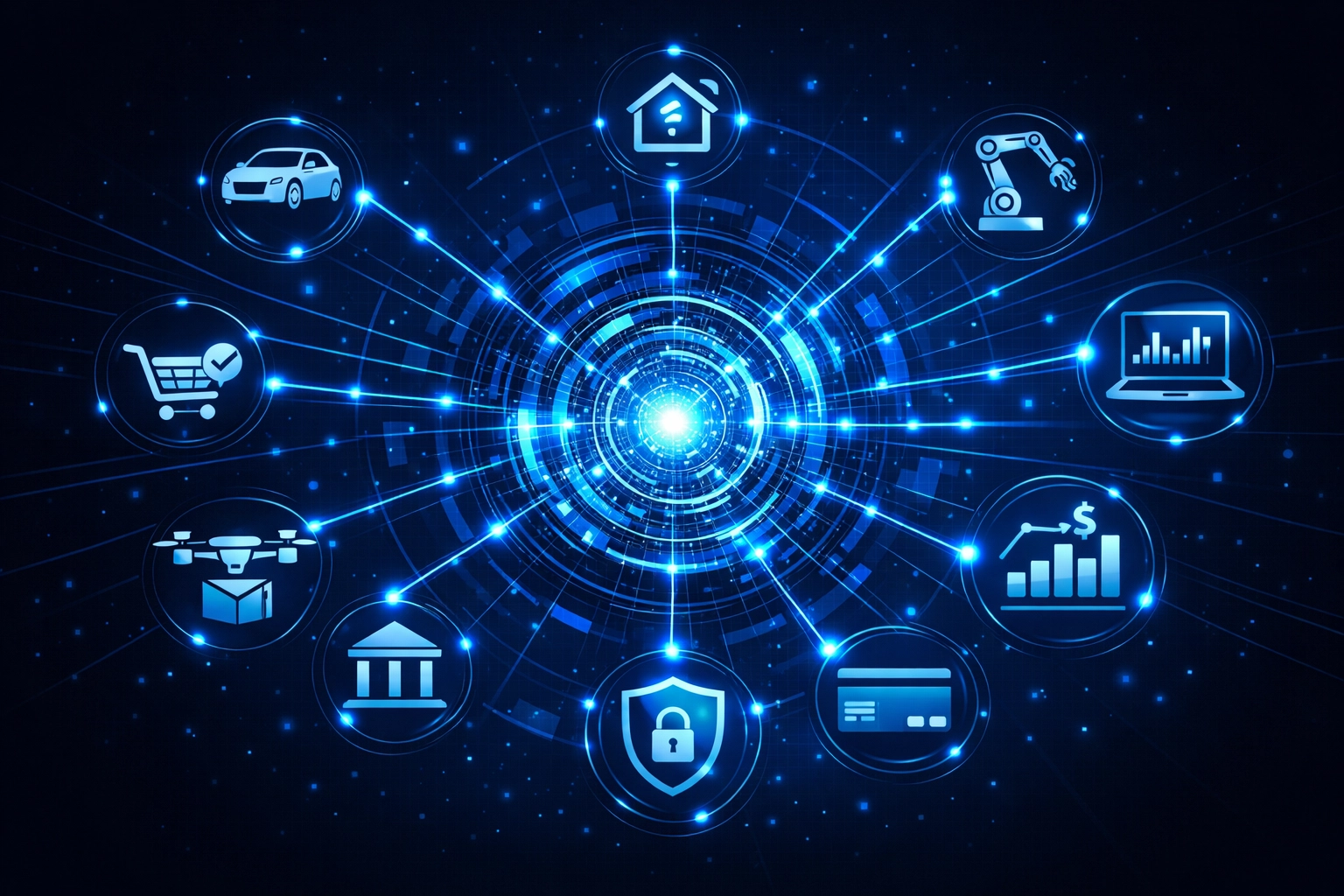 Futuristic digital core representing agentic AI automating financial transactions and smart payments.