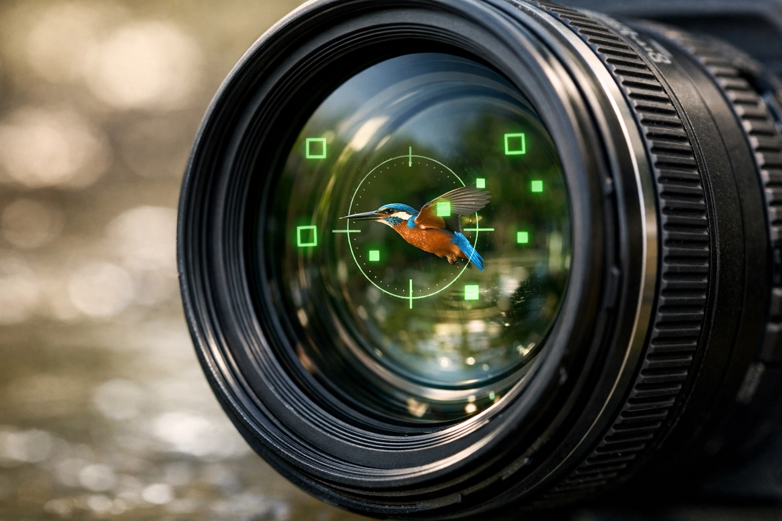 Close-up of a mirrorless camera lens reflecting AI subject tracking and digital autofocus data.