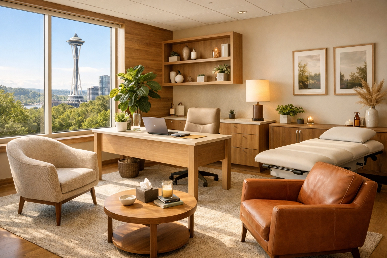 Bright, sunlit wellness consultation room designed for client comfort and holistic healing conversations.