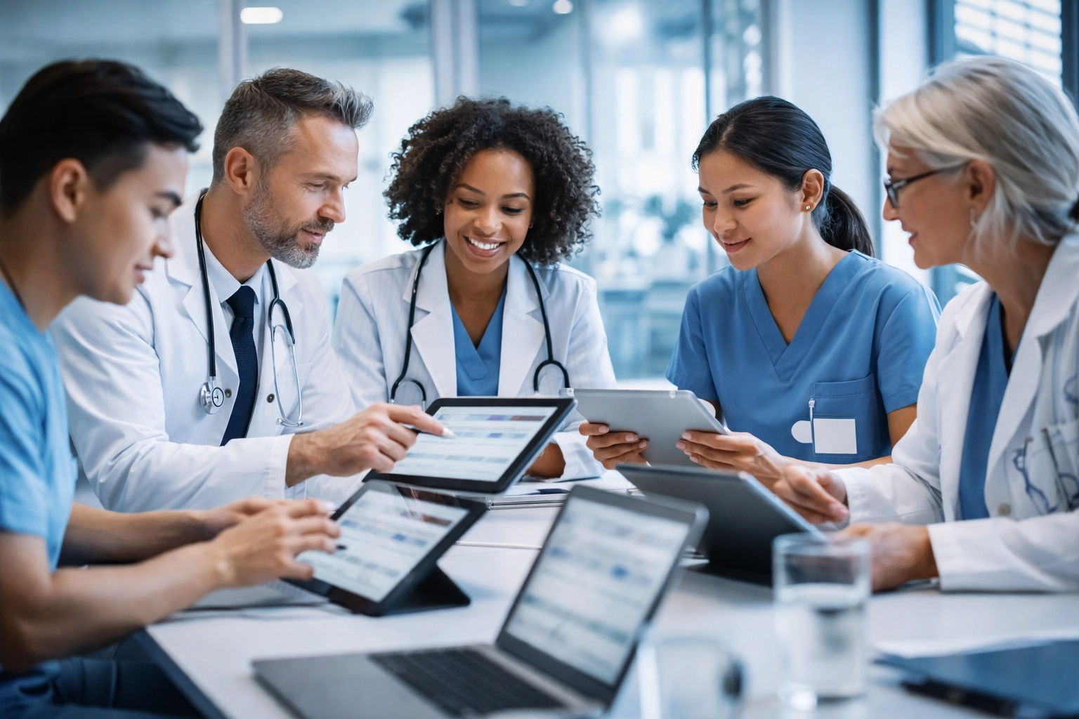 Diverse healthcare team collaborating on standardized clinical documentation to ensure Medicare compliance.