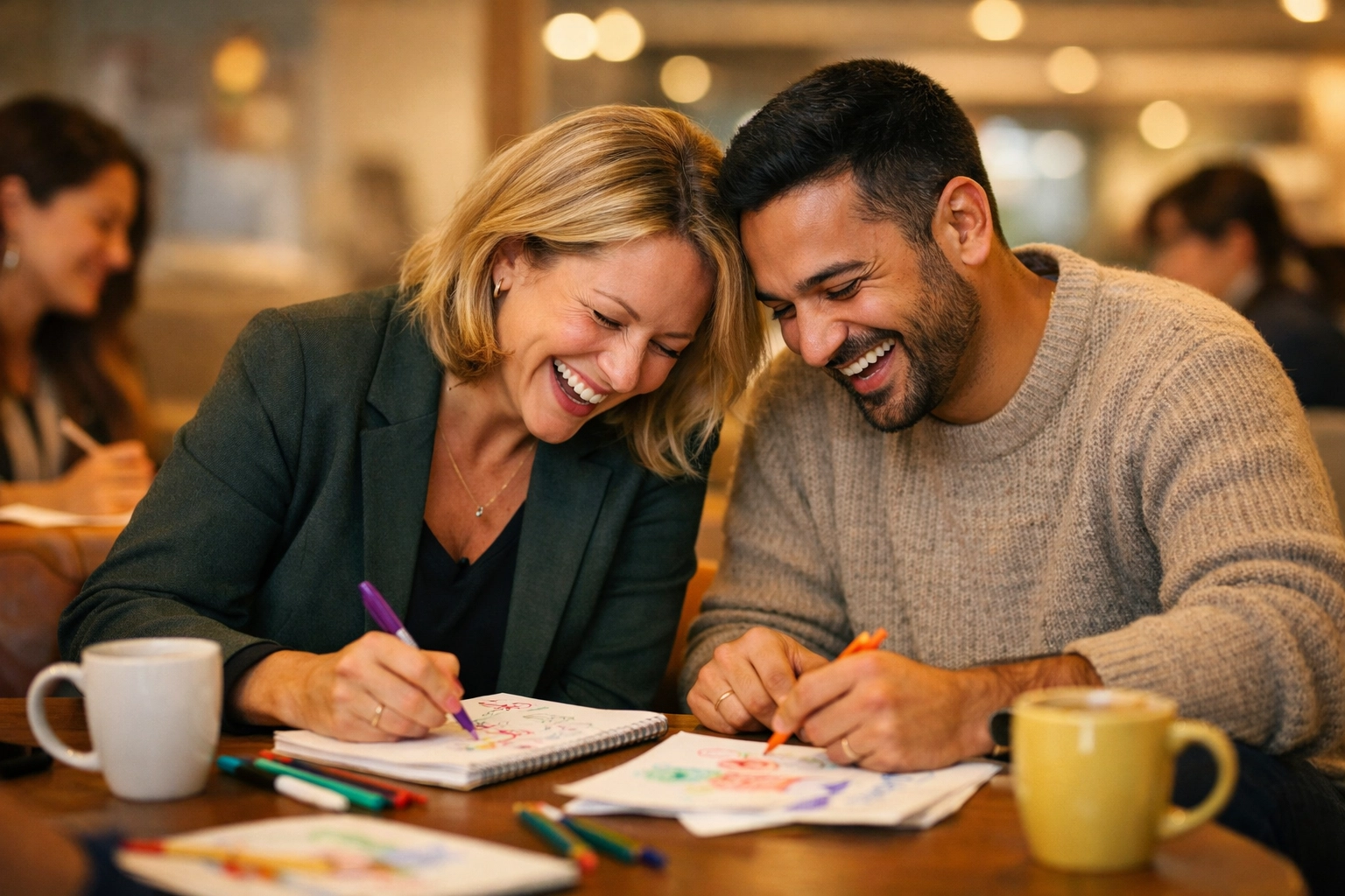 Colleagues enjoying a creative lunch and learn session in a modern office lounge to boost team connection.
