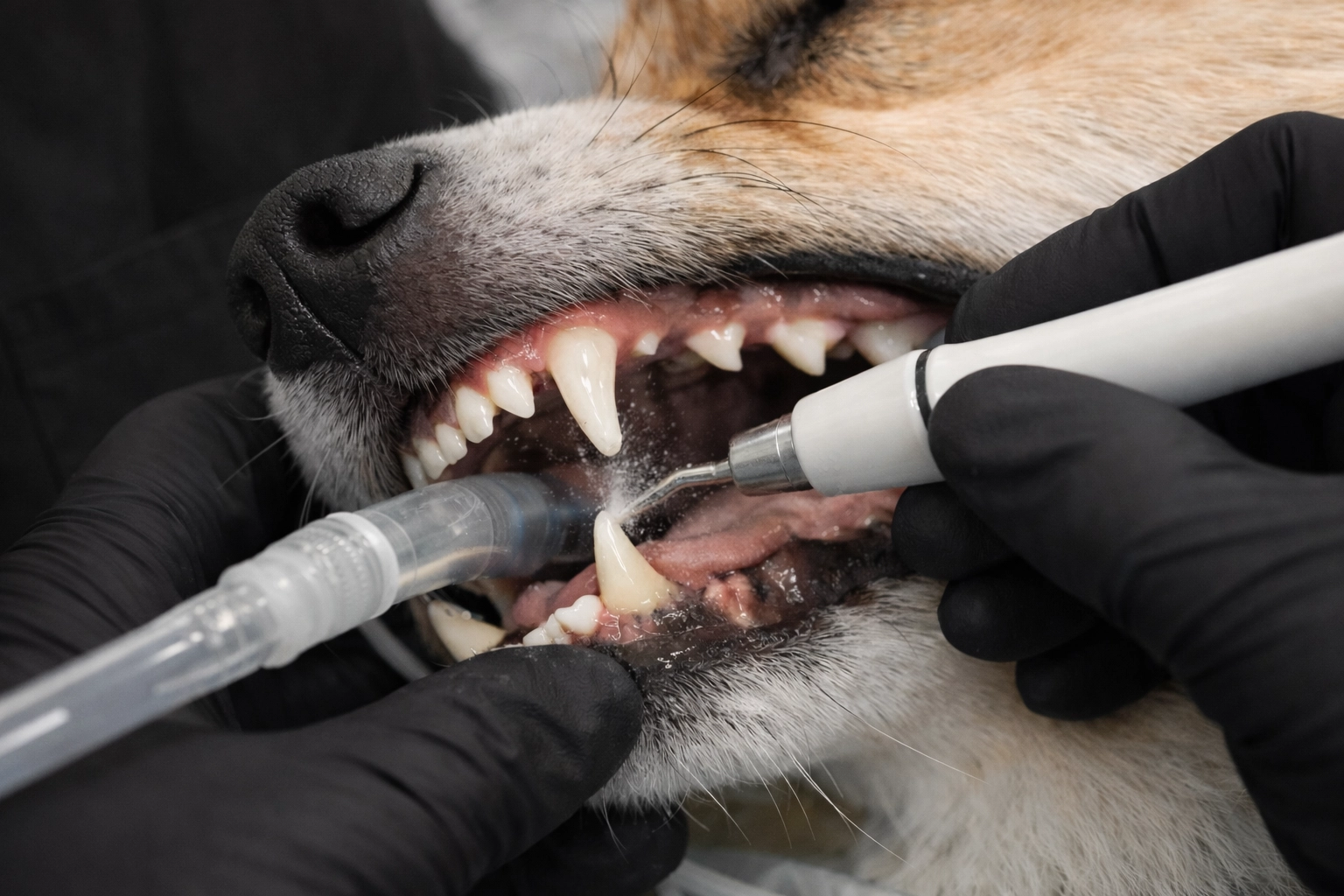 Is Your Pet’s 'Stinky Breath' a Health Warning? The Truth About Pet Dental Disease Close-up of gloved hands using an ultrasonic scaler during a professional dog dental cleaning in a modern veterinary suite.
