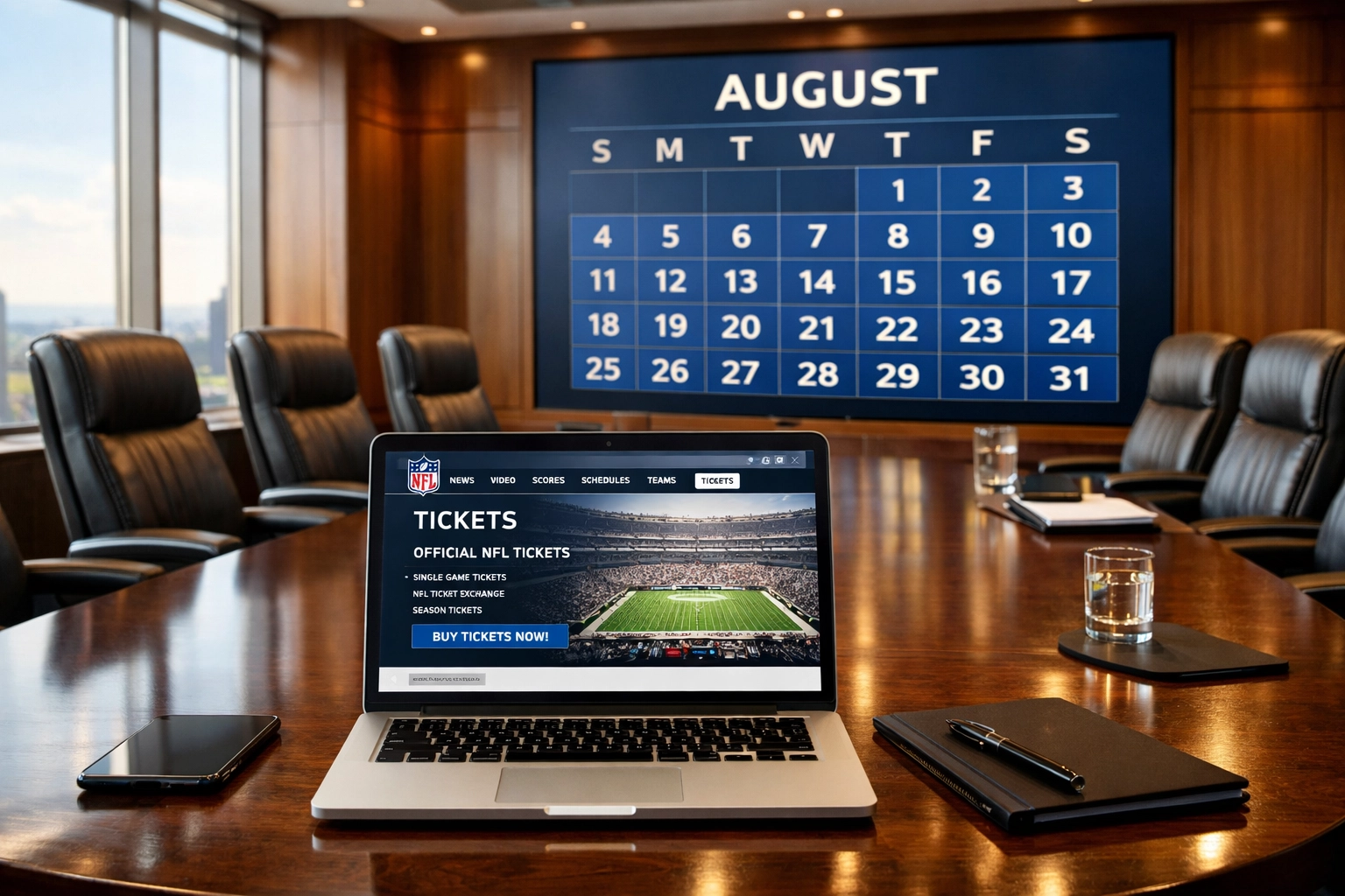 Executive boardroom with calendar showing August for early Super Bowl corporate travel planning