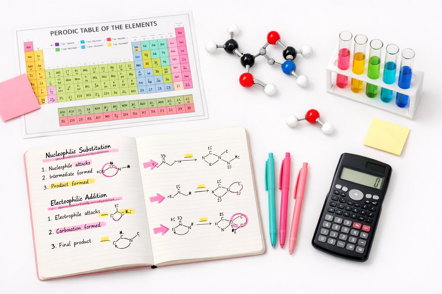 GCSE Chemistry revision materials including periodic table and molecular models