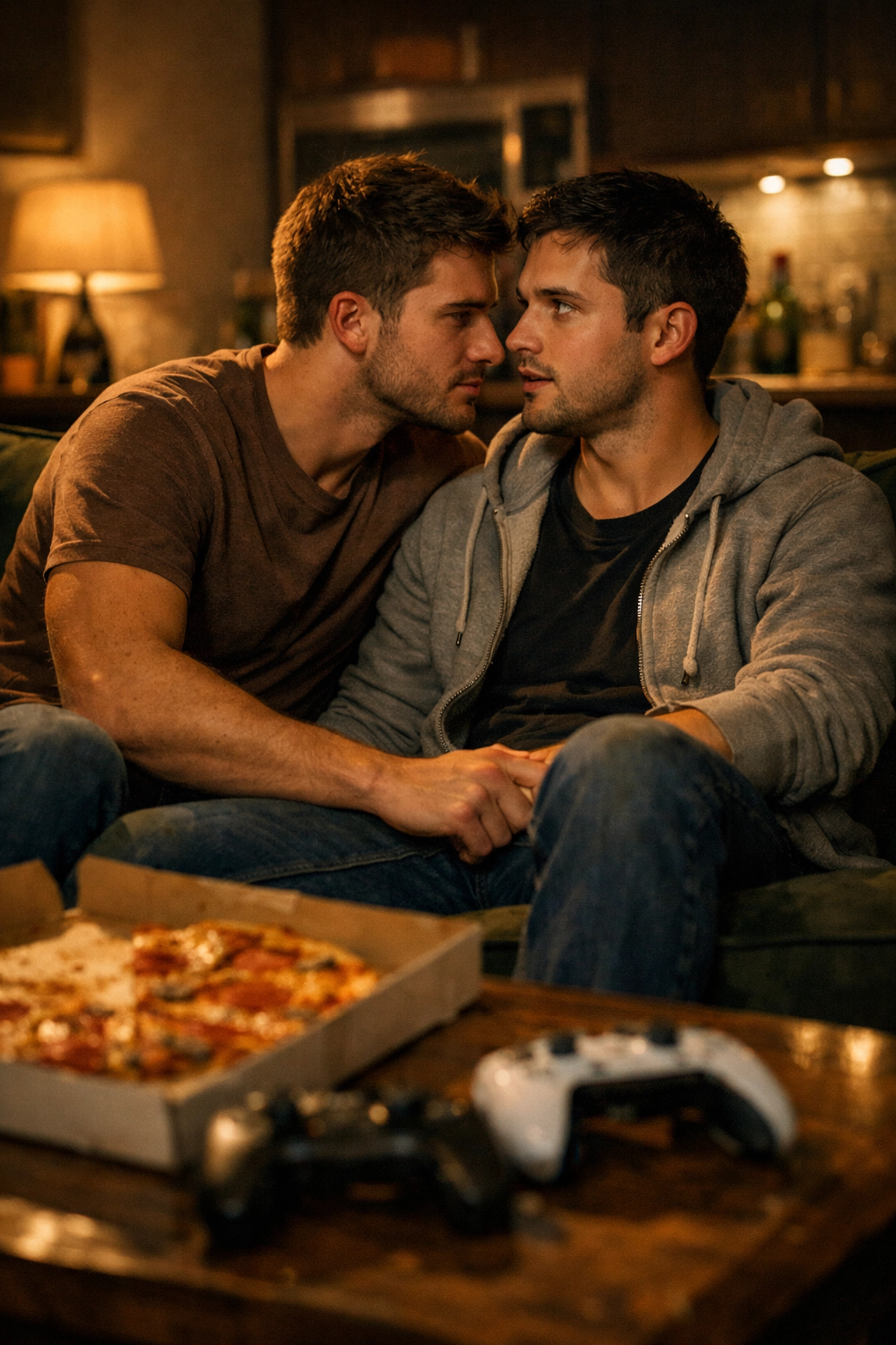 Two male best friends share an intimate look on a couch, exploring romantic feelings in MM romance.