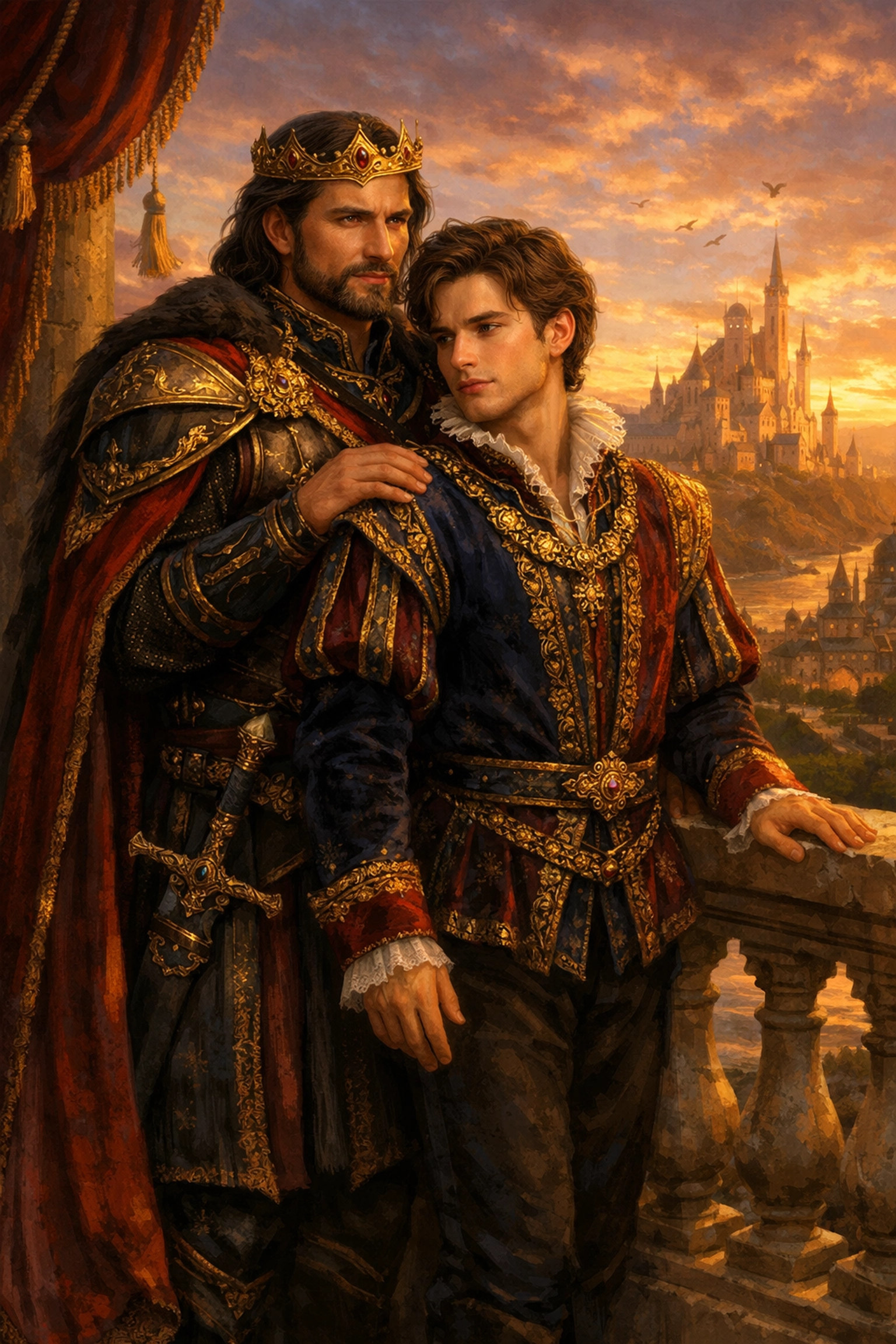 Two royal men on a palace balcony illustrating a marriage of convenience in an MM fantasy romance.