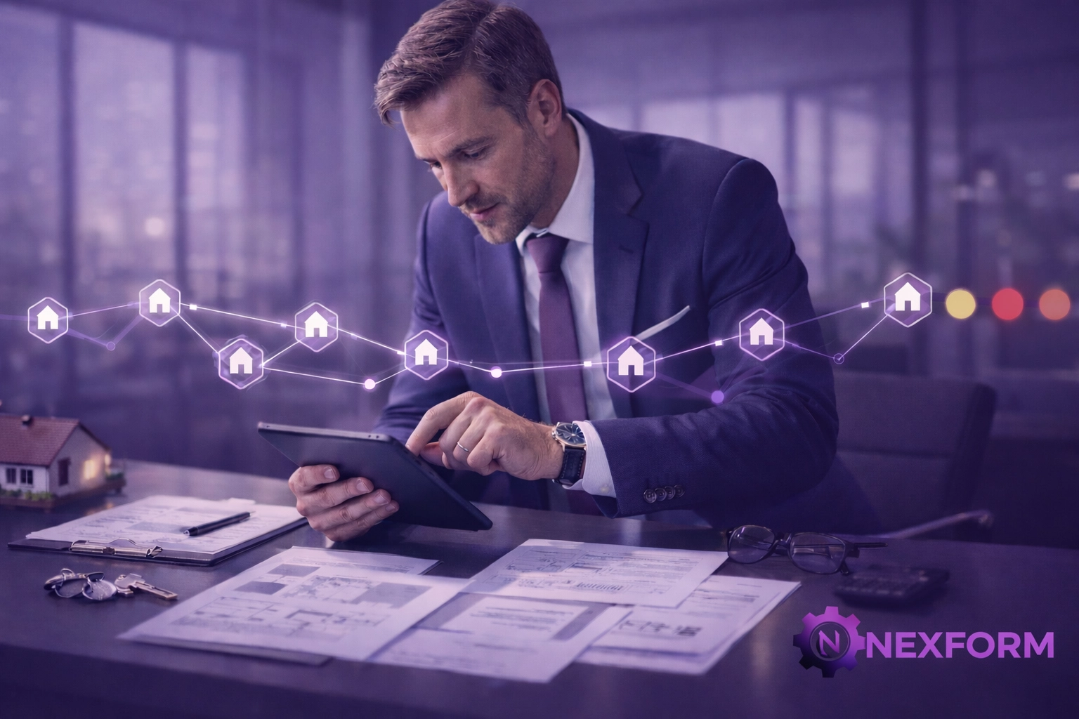 An estate agent coordinating a multi-property chain using a tablet alongside documents in a modern office.